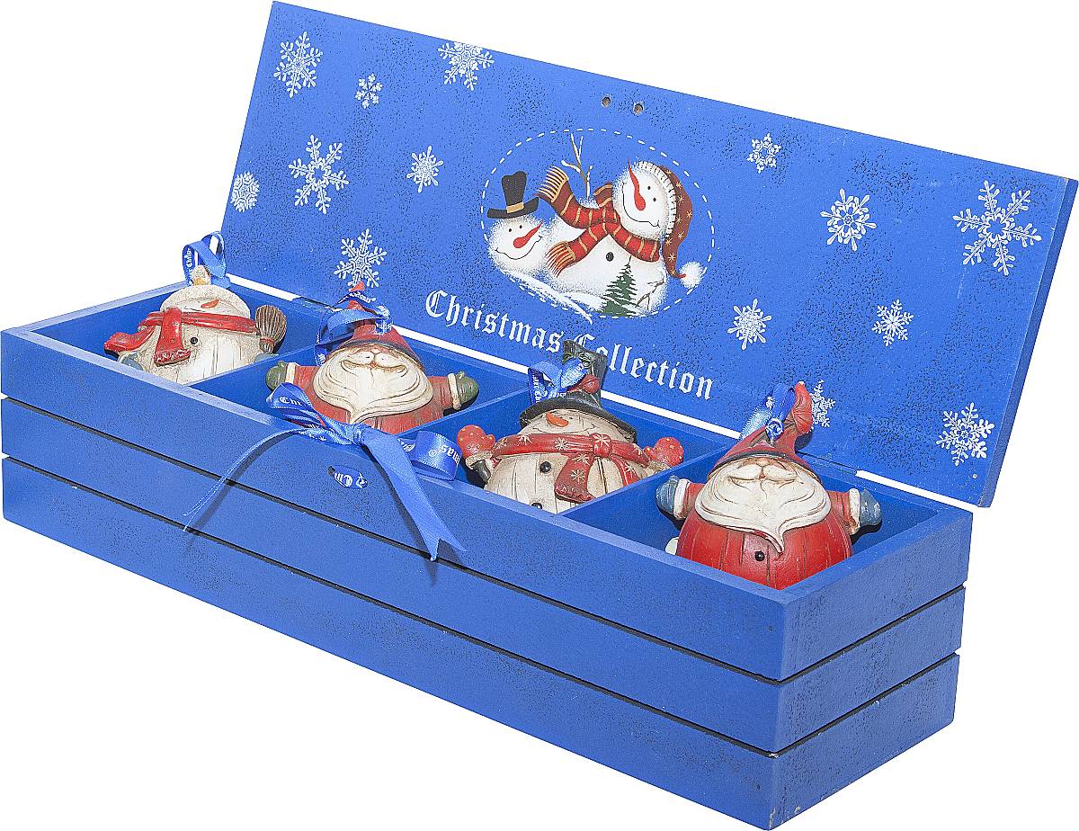 Набор новогодних подвесных украшений Mister Christmas, длина 8,5 см, 4 шт1.645-504.0 Набор новогодних подвесных украшений Mister Christmas, длина 8,5 см, 4 шт1.645-504.0Набор подвесных украшений Mister Christmas поможет стильно украсить новогоднюю елку. Изделия, выполненные из полистоуна в виде любимых нами Деда Мороза и снеговика, не оставят равнодушным никого, кто придет в ваш дом. Такие украшения не боятся падения, света или влаги и несмотря на размер достаточно легкие. Игрушки оснащены петелькой для подвешивания. Набор упакован в коробку из натуральной древесины, выкрашенную в насыщенный голубой цвет и украшенную рисунком. Такие украшения станут превосходным подарком к Новому году, а так же дополнят коллекцию оригинальных новогодних елочных игрушек.