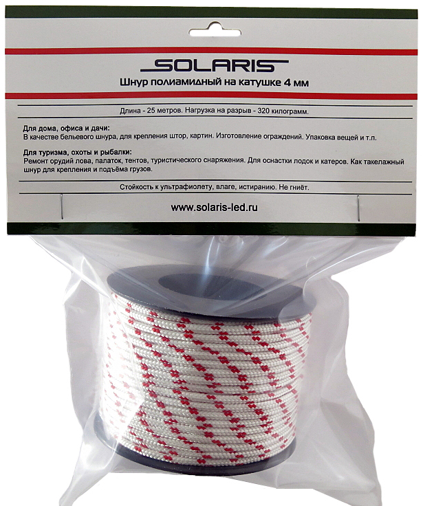 Шнур полиамидный Solaris S6304, на катушке, 4 мм х 25 м, цвет: белый, красный67744 Шнур полиамидный Solaris S6304, на катушке, 4 мм х 25 м, цвет: белый, красный67744Прочный многоцелевой плетеный шнур из полиамида, выдерживает нагрузку на разрыв 320 кг. Для удобства использования шнур намотан на катушку.Шнур состоит из плотно сплетенных прядей вокруг сердечника. Благодаря такой конструкции шнур не расплетается при повреждении одной или даже нескольких прядей. Сферы применения полиамидного шнура:- Туризм, рыбалка, охота:- Ремонт орудий лова, палаток, тентов, туристического снаряжения. Применяется для оснастки лодок и катеров, развешивания рыбы для сушки. Изготовление силков, снегоступов и т.п. - Дачное и домашнее хозяйство, для офиса: - Подвязывание рассады, разметка участка, изготовление ограждений. В качестве бельевого шнура, для крепления штор, картин и т.п. Подходит для декорирования деталей интерьера. Упаковка коробок, вещей. - Такелажных работы:-Для крепления и подъема грузов.