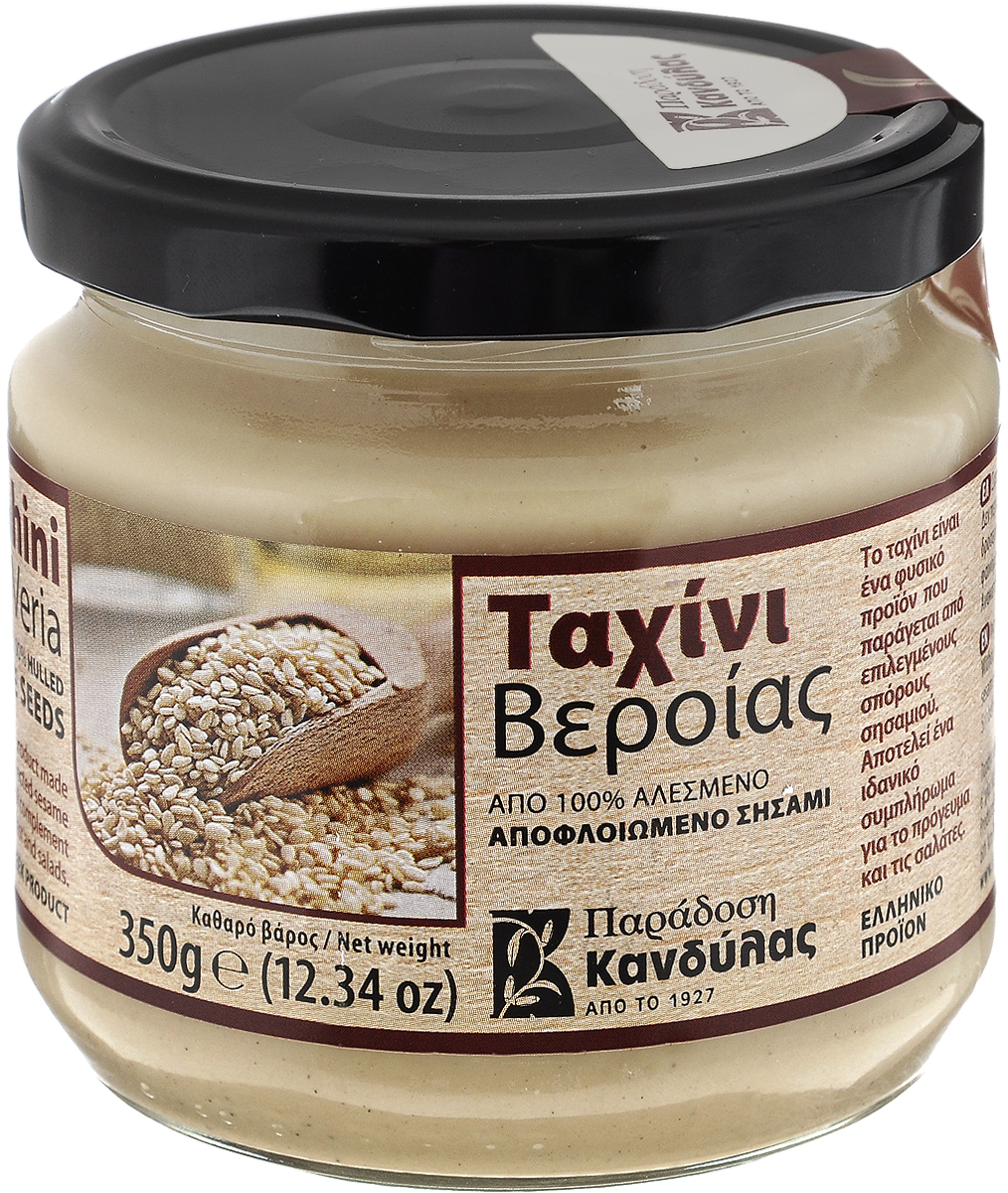 Kandylas Тахини кунжутная паста, 350 г0120710 Kandylas Тахини кунжутная паста, 350 г0120710Кунжутная паста Тахини - это 100% натуральный продукт, созданный из высококачественных молотых семян кунжута. В чистом виде имеет жирноватый и вяжущий вкус, соответствующий натуральному кунжуту. Она идеальна для приготовления разнообразных соусов, салатных заправок, бутербродов, мороженого и великолепных кондитерских изделий.