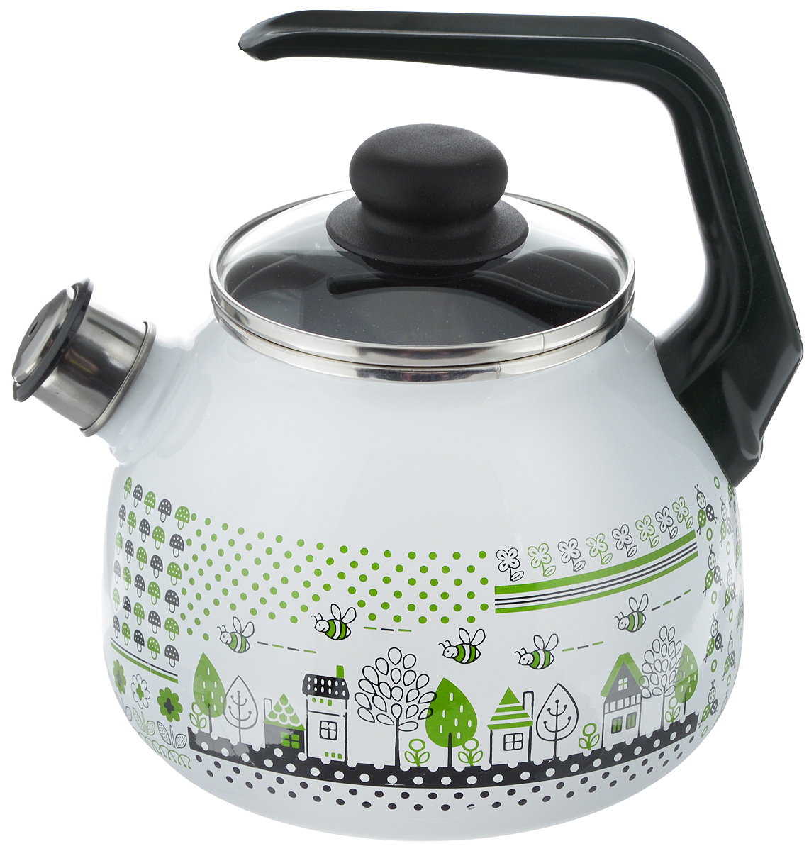 Чайник эмалированный Vitross Green Life, со свистком, 3 лFP-9066.600 Чайник эмалированный Vitross Green Life, со свистком, 3 лFP-9066.600Чайник эмалированный Vitross Green Life изготовлен из высококачественной стали со стеклокерамическим эмалевым покрытием. Стеклокерамика инертна и устойчива к пищевым кислотам, не вступает во взаимодействие с продуктами и не искажает их вкусовые качества. Такое покрытие защищает сталь от коррозии и придает посуде гладкую стекловидную поверхность. Кроме того, такая посуда наиболее безопасна и экологична. Прочный стальной корпус обеспечивает эффективный нагрев жидкости и не деформируется в процессе эксплуатации. Чайник оснащен фиксированной пластиковой ручкой и жаропрочной стеклянной крышкой. Носик чайника с насадкой-свистком подскажет, когда закипела вода. Посуда подходит для газовых, электрических, стеклокерамических, индукционных плит. Можно мыть в посудомоечной машине. Диаметр (по верхнему краю): 12,5 см.Высота чайника (с учетом ручки): 23,5 см.Высота чайника (без учета ручки и крышки): 15 см.