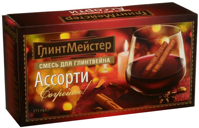 ГлинтМейстер набор для глинтвейна ассорти, 211 г0120710 ГлинтМейстер набор для глинтвейна ассорти, 211 г0120710Этот согревающий зимний напиток любое ненастье способен превратить в праздник!А бокал глинтвейна дополнит это ощущение.Подарите хорошее настроение своим близким! Специально для больших и весёлых компаний и для любителей глинтвейна. Все 5 видов наборов в одной упаковке.