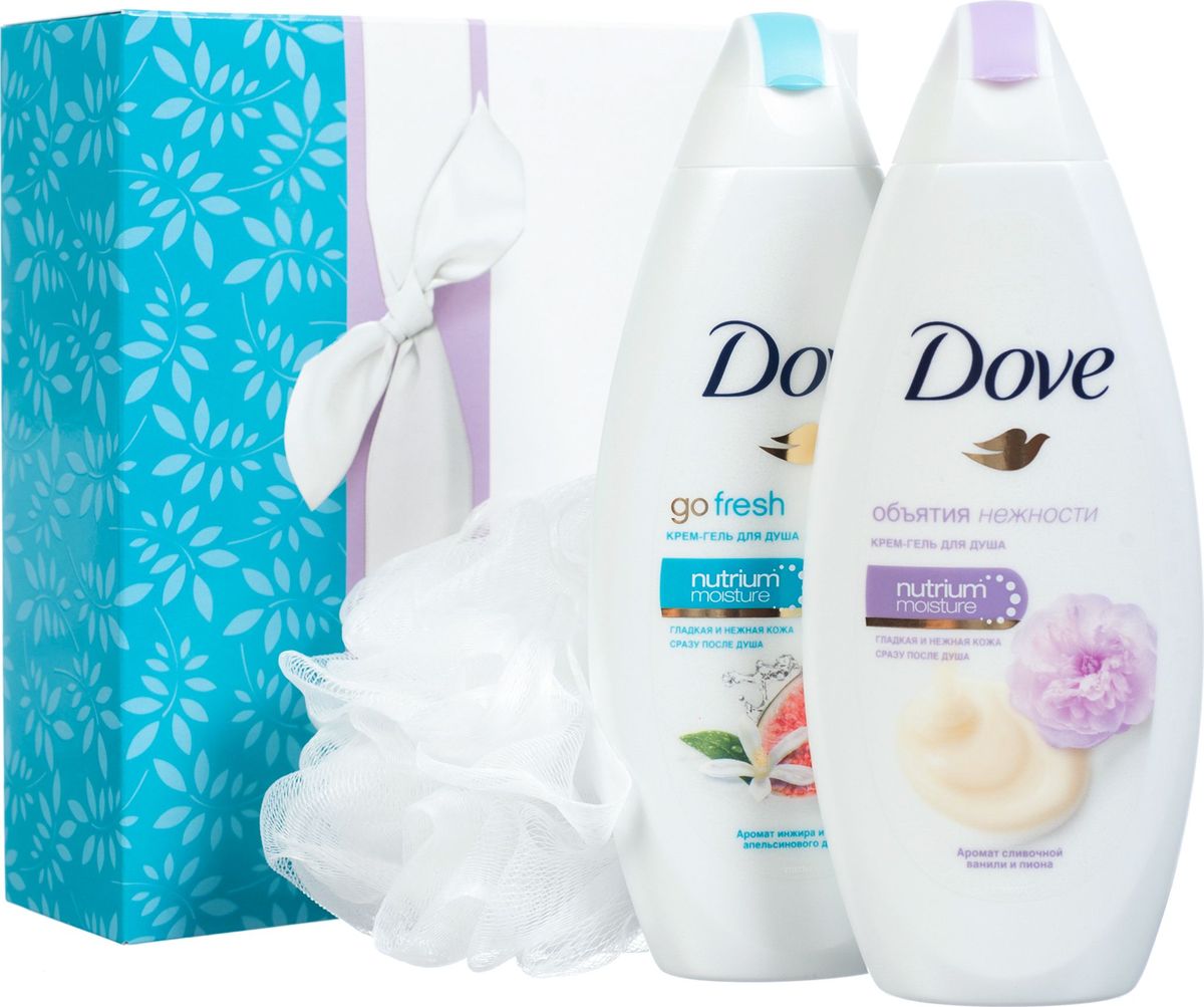 Dove подарочный набор Моменты наслаждения + мочалкаFS-00897 Dove подарочный набор Моменты наслаждения + мочалкаFS-00897Появление бренда Dove связано с созданием уникального очищающего средства для кожи, не содержащего щелочи. Формула единственного в своем роде крем-мыла на четверть состоит из увлажняющего крема - именно это его качество помогает защищать кожу от раздражения и сухости, которые неизбежны при использовании обычного мыла.Dove —марка, которая известна благодаря авангардному изобретению: мягкому крем-мылу. Dove любим миллионами, ведь они не содержат щелочи, оказывают мягкое, щадящее воздействие на кожу лица и тела.Удивительное по своим свойствам крем-мыло довольно быстро стало одним из самых популярных косметических средств. Успех этого продукта был настолько велик, что производители долгое время не занимались расширением ассортимента. Прошло почти сорок лет с момента регистрации товарного знака Dove, прежде чем свет увидел крем-гель для душа и другие косметические средства этой марки. Все они создаются на основе формулы, разработанной еще в прошлом веке, но не потерявшей своей актуальности.На сегодняшний день этот бренд по праву считается олицетворением красоты, здоровья и женственности. Помимо женской линии косметики выпускаются детские косметические средства и косметика для мужчин. Несмотря на широкий ассортимент предлагаемых средств по уходу за кожей и волосами, завоевавших признание в более чем 80 странах по всему миру, производители находятся в постоянном поиске новых формул.Dove считается одним из ведущих в своей области. Он известен миллионам людей в почти сотне стран по всему миру. В мире Dove красота — это источник уверенности в себе, а не беспокойства. Миссия бренда — дать новому поколению возможность расти в атмосфере позитивного отношения к собственной внешности. ??В наборе два геля для душа: Инжир и лепестки апельсина» 250 мл и Сливочная ваниль и пион» 250 мл- обеспечивают невероятную свежесть и глубокое увлажнение кожи. Изысканные ароматы подарят энергию и придадут сил. Уникальное сочетание ухаживающих и увлажняющих компонентов Nutrium Moisture в крем – геле для душа глубоко питает и увлажняет кожу.