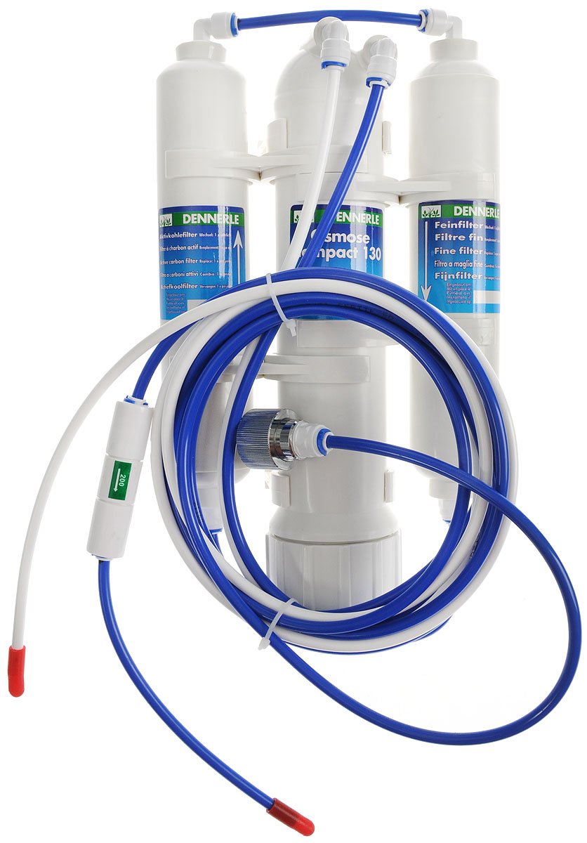 Установка обратного осмоса Dennerle Osmose Compact 130, 130 л/день0120710 Установка обратного осмоса Dennerle Osmose Compact 130, 130 л/день0120710Установка обратного осмоса Dennerle Osmose Compact 130 обеспечивает эффективную подготовку воды - удаление солей жесткости, прочих солей и вредных веществ. Превращает жесткую водопроводную воду в мягкую, кристально чистую аквариумную воду. С помощью этой установки можно установить в аквариуме параметры воды, к которым привыкли рыбы и растения в местах их природного обитания. Процент фильтрации составляет минимум 95%. Установка быстро подключается. В комплекте разъем для подключения к водопроводному крану 3/4“ (разъем для подключения стиральной машины). Максимальная производительность (при температуре 25°С и давлении 4,1 бар): 130 л/день. Производительность на практике (при температуре 8-18°С и давлении 3-5 бар): 55-126 л/день. Соотношение очищенной воды к остаточной воде: 1:2,5 - 1:4.