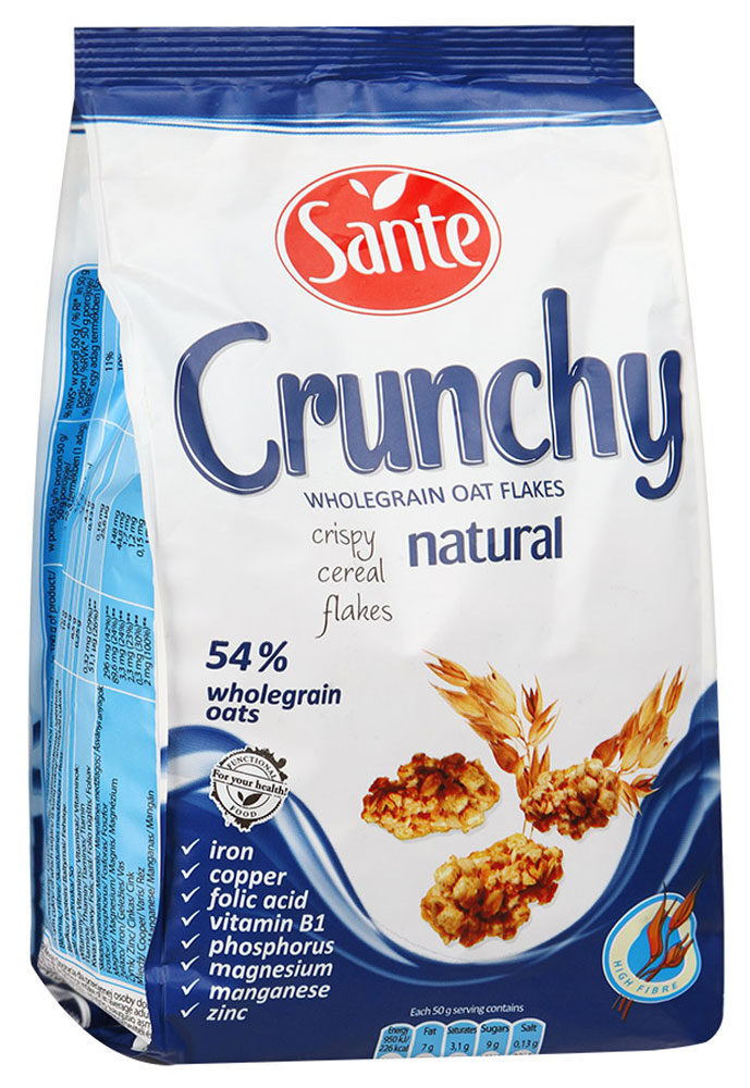 Sante Crunchy хрустящие овсяные хлопья оригинальные, 350 г0120710 Sante Crunchy хрустящие овсяные хлопья оригинальные, 350 г0120710Хрустящие овсяные хлопья Sante Crunchy - питательная смесь хрустящих, золотистых, нежно обжаренных овсяных хлопьев.Продукт обеспечивает сбалансированное питание за счет полезных ингредиентов: белок, клетчатка, растительные жиры с высоким содержанием полезных жирных кислот, витаминов, микро- и макроэлементов, которые помогают поддерживать энергию и тонус в течение всего дня.Основной элемент Crunchy - это цельнозерновой овес, который имеет более высокую питательную ценность по сравнению с другими злаками, такими как пшеница и рожь.Зерно овса богато белком, незаменимыми аминокислотами (особенно лизином, который отсутствует в других зерновых). Содержание фосфора, меди и фолиевой кислоты способствуют укреплению костей и зубов. Медь также улучшает процесс обмена веществ. А фолиевая кислота способствует правильному функционированию иммунной системы.Уважаемые клиенты! Обращаем ваше внимание, что полный перечень состава продукта представлен на дополнительном изображении.