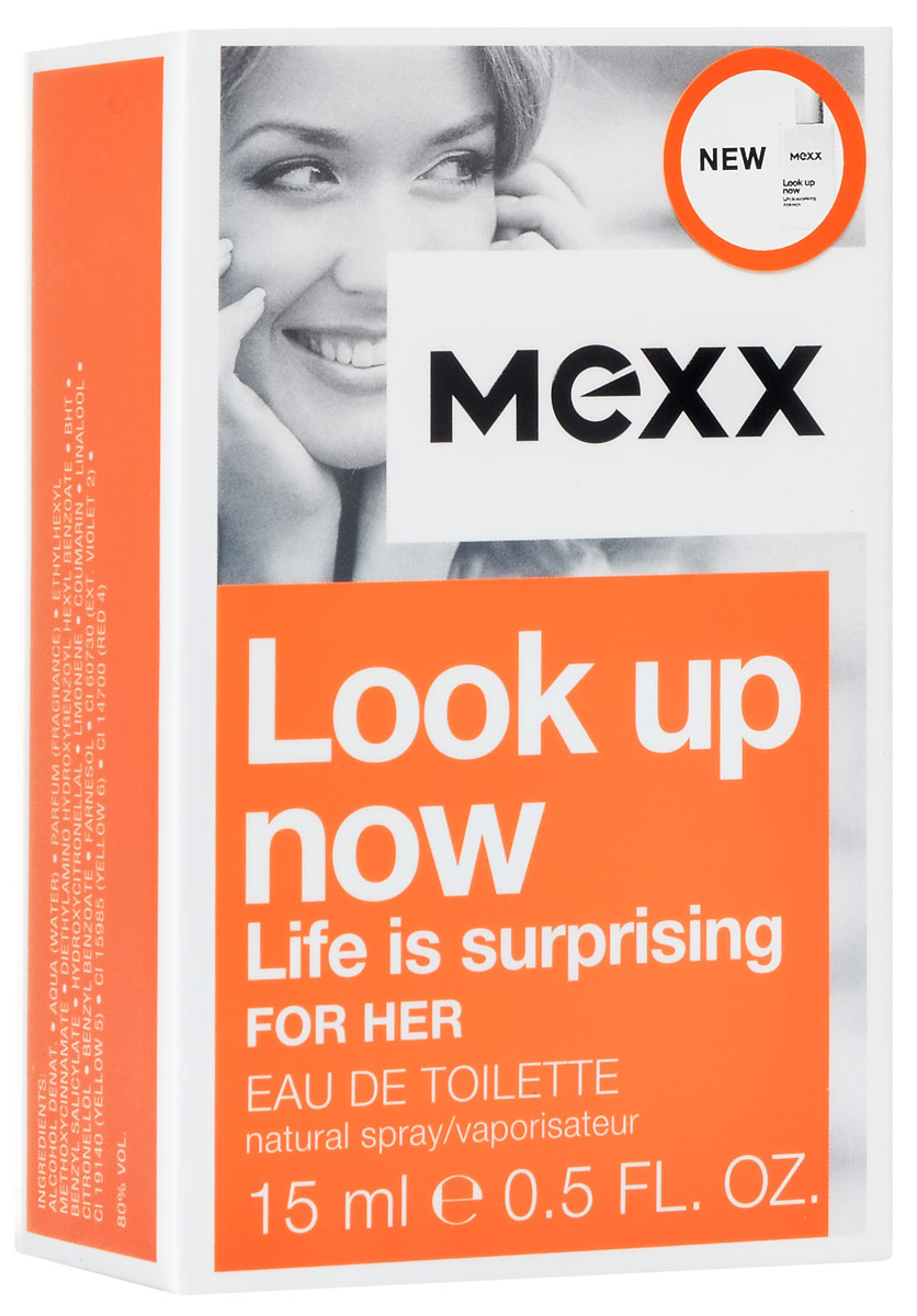 Mexx Look Up Now Woman Туалетная вода 15мл1092018 Mexx Look Up Now Woman Туалетная вода 15мл1092018Аромат Mexx Look up now для неё заставляет почувствовать настроение города так, как никогда прежде, благодаря неожиданному сочетанию груши, ежевики, жасмина и кедрового дерева. Сочный, фруктовый аккорд персика, мандарина и ежевики удивляет своей искрящейс.Верхняя нота: Ежевика, Мандарин, Персик.Средняя нота: Гардения, Тубероза, Жасмин.Шлейф: Кедр, Сандал, Ваниль.Неожиданное сочетание груши, ежевики, жасмина и кедрового дерева.Дневной и вечерний аромат.