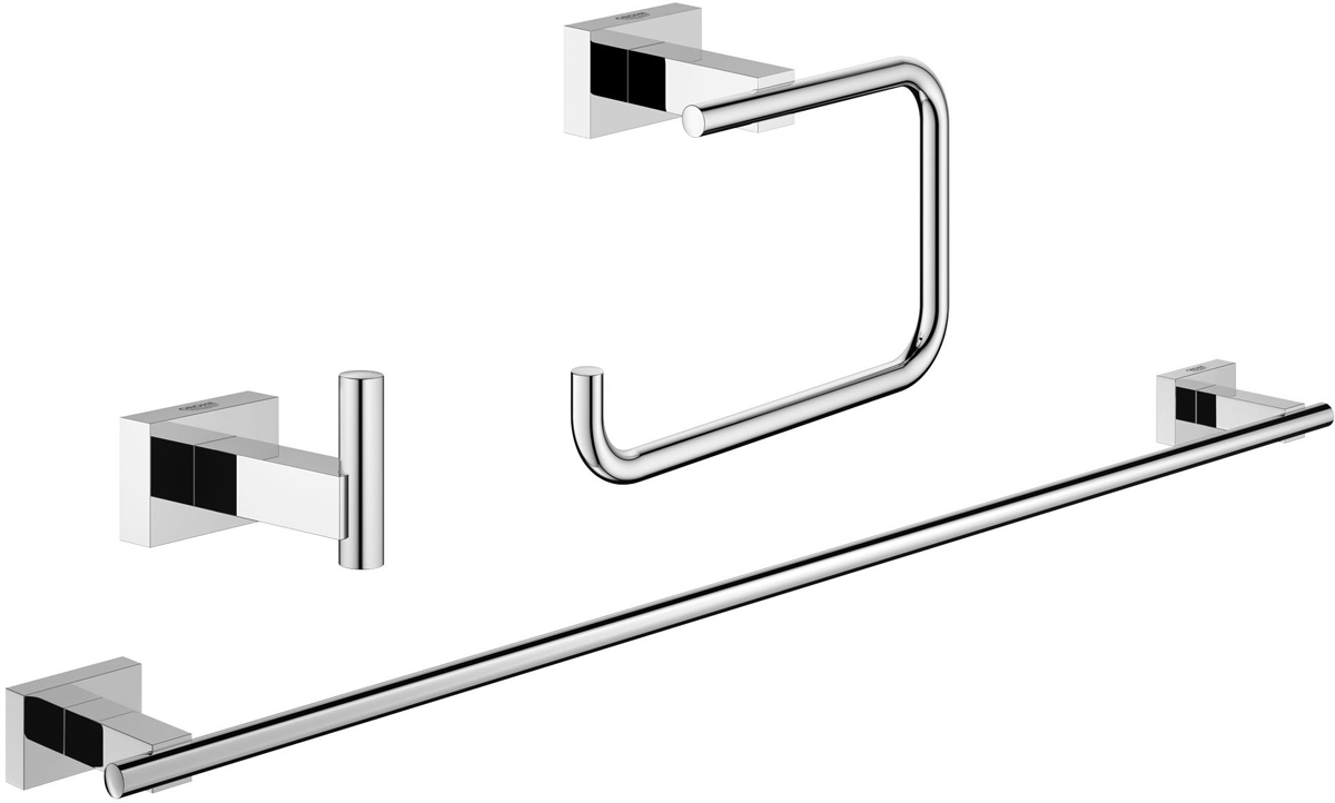Набор аксессуаров для ванной Grohe Essentials Cube, 3 предметаS03301004 Набор аксессуаров для ванной Grohe Essentials Cube, 3 предметаS03301004Набор аксессуаров для ванной Grohe Essentials Cube, изготовленный из латуни, состоит из крючка для халата, держателя для туалетной бумаги (с крышкой) и держателя для полотенца. Этот комплект аксессуаров станет идеальным выбором для вашей ванной комнаты. Все детали комплекта выполнены в дизайне, который не устареет со временем, а также покорит вас качеством исполнения. Изделия изготовлены с нанесением износостойкого покрытия Grohe StarLight®, устойчивого к царапинам и загрязнению. Покрытие, выполненное по специальным технологиям, придает изделию сияющий вид. Аксессуары крепятся к стене при помощи шурупов, входящих в комплект.