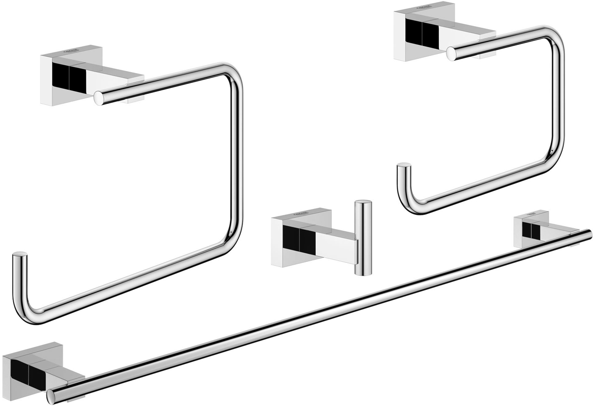 Набор аксессуаров для ванной комнаты Grohe Essentials Cube, 4 предмета68/5/3 Набор аксессуаров для ванной комнаты Grohe Essentials Cube, 4 предмета68/5/3Набор аксессуаров для ванной комнаты Grohe Essentials Cube включает держатель для банного полотенца, крючок для банного халата, держатель для туалетной бумаги и кольцо для полотенца. Изделия выполнены из латуни с хромированным покрытием. Благодаря специальной технологии Grohe StarLight покрытие обеспечивает сияющий блеск на протяжении всего срока службы. Кроме того, оно отталкивает грязь, не тускнеет и обладает высокой степенью износостойкости. Все предметы крепятся к стене (крепежные элементы поставляются в комплекте). Благодаря неизменно актуальному дизайну и долговечному хромированному покрытию, такой набор отлично дополнит интерьер ванной комнаты, воплощая собой изысканный стиль и превосходное качество. Размер кольца для полотенца: 19 х 6 х 12 см. Размер держателя для туалетной бумаги: 14 х 6 х 10 см. Размер крючка: 4 х 6 х 4,5 см. Длина держателя для банного полотенца: 60 см.