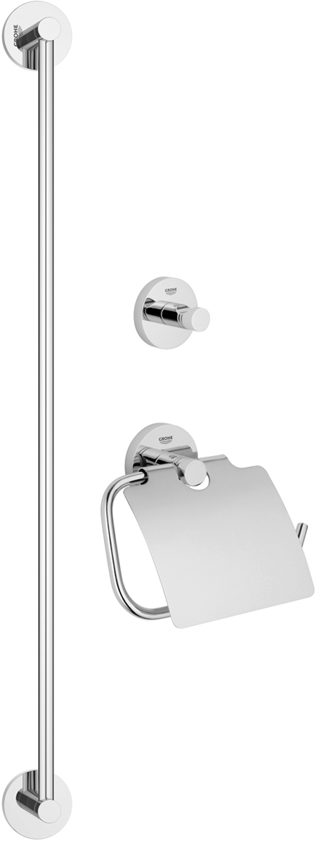 Набор аксессуаров для ванной комнаты Grohe Essentials, 3 предмета. 40775001PARIS 75015-8C ANTIQUE Набор аксессуаров для ванной комнаты Grohe Essentials, 3 предмета. 40775001PARIS 75015-8C ANTIQUEНабор аксессуаров для ванной комнаты Grohe Essentials включает держатель для банного полотенца, крючок для банного халата и держатель для туалетной бумаги с козырьком. Изделия выполнены из латуни с хромированным покрытием. Благодаря специальной технологии Grohe StarLight покрытие обеспечивает сияющий блеск на протяжении всего срока службы. Кроме того, оно отталкивает грязь, не тускнеет и обладает высокой степенью износостойкости. Все предметы крепятся к стене (крепежные элементы поставляются в комплекте). Благодаря неизменно актуальному дизайну и долговечному хромированному покрытию, такой набор отлично дополнит интерьер ванной комнаты, воплощая собой изысканный стиль и превосходное качество. Размер держателя для туалетной бумаги: 17 х 4,5 х 14 см. Размер крючка для банного халата: 5,5 х 4,5 х 5,5 см. Длина держателя для банного полотенца: 65 см.