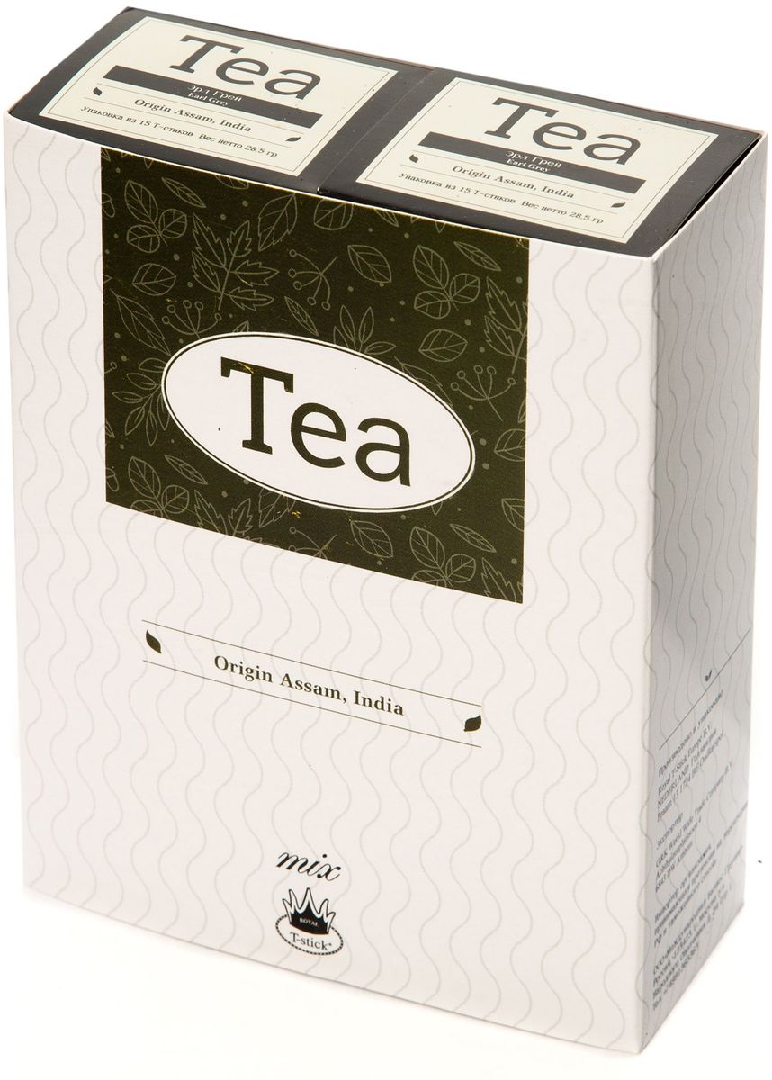 Подарочный набор Royal T-Stick: Earl Grey черный чай и Earl Grey черный чай в стиках, 30 шт0120710 Подарочный набор Royal T-Stick: Earl Grey черный чай и Earl Grey черный чай в стиках, 30 шт0120710Подарочный набор из 2 пачек чая премиум класса упакован в коробку для транспортировки. Чай Ассам с бергамотом порадует вас насыщенным янтарно-красным цветом, терпким ароматом бергамота и пряным, солодово-медовым вкусом. Чай обладает тонизирующим свойством. Чай упакован в пищевую фольгу, которую можно использовать вместо ложечки для размешивания сахара. Опустите стик в кипяток, оставьте на 3 минуты, размешайте кусочек сахара. Достаньте стик из стакана, потрясите им о край стакана, так, чтобы стекли последние капли, и положите рядом. Вся влага останется внутри стика. Прекрасный подарок родным и близким и отличный повод удивить коллег по работе и друзей, внедряя новую, элегантную культуру чаепития!