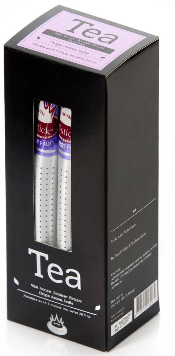 Royal T-Stick Forest Fruits Tea черный чай в стиках, 15 шт10046-00 Royal T-Stick Forest Fruits Tea черный чай в стиках, 15 шт10046-00Чай Асам с ароматом лесных ягод порадует вас своим сладким фруктовым вкусом и ароматом лесных ягод и фруктов. Богат антиоксидантами, способствующими нейтрализации токсинов в нашем организме. Пейте чай Royal T-stick, наслаждайтесь незабываемым вкусом, идите в ногу со временем. Чай упакован в пищевую фольгу, которую можно использовать вместо ложечки для размешивания сахара. Опустите стик в кипяток, оставьте на 3 минуты, размешайте кусочек сахара. Достаньте стик из стакана, потрясите им о край стакана, так, чтобы стекли последние капли, и положите рядом. Вся влага останется внутри стика. Вам не придется больше выжимать чайный пакетик и испытывать неловкость перед незнакомыми людьми.