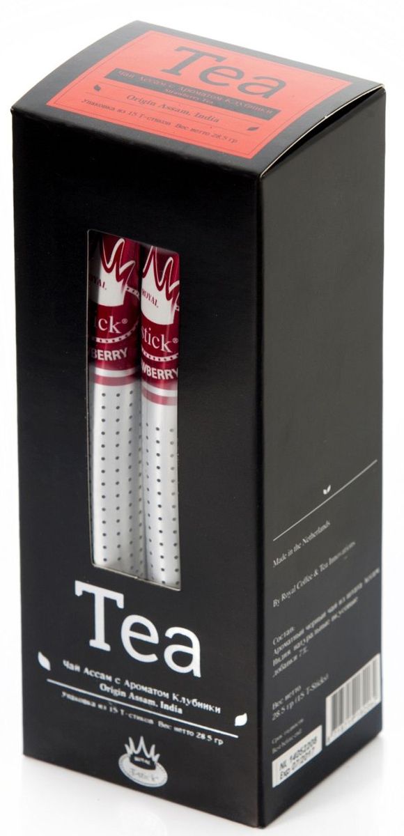Royal T-Stick Strawberry Tea черный чай в стиках, 15 шт86896 Royal T-Stick Strawberry Tea черный чай в стиках, 15 шт86896Натуральный черный чай с ароматом клубники порадует вас золотисто-медовым цветом, тонким ароматом клубники, который создается путем смешивания реальных кусочков клубники и индийского чая из штата Ассам. Богат антиоксидантами, способствующих нейтрализации токсинов в нашем организме. Пейте чай Royal T-stick, наслаждайтесь незабываемым вкусом, идите в ногу со временем. Чай упакован в пищевую фольгу, которую можно использовать вместо ложечки для размешивания сахара. Опустите стик в кипяток, оставьте на 3 минуты, размешайте кусочек сахара. Достаньте стик из стакана, потрясите им о край стакана, так, чтобы стекли последние капли, и положите рядом. Вся влага останется внутри стика. Вам не придется больше выжимать чайный пакетик и испытывать неловкость перед незнакомыми людьми.