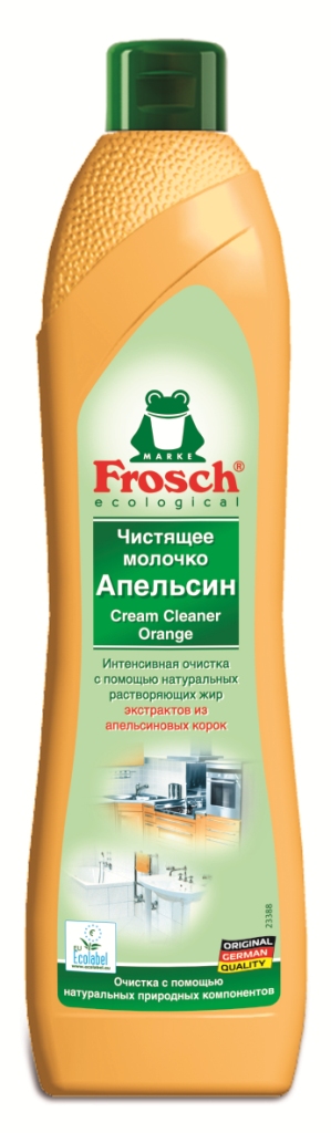 Чистящее молочко Frosch, с ароматом апельсина, 500 мл391602 Чистящее молочко Frosch, с ароматом апельсина, 500 мл391602Чистящее молочко Frosch удаляет любые загрязнения, такие как жир, известковый налет и остатки мыла. Молочко содержит натуральную мраморную пыльцу, которая совершенно не царапает такие изысканные поверхности, которые не переносят абразива. А также содержит вещества из апельсиновых корок, которые эффективно растворяют жир. Средство подходит для очистки керамики, эмали, нержавеющей стали и стеклянных поверхностей, а также варочных поверхностей электроплит. Не использовать на акриловых поверхностях. Не предназначено для очистки больших поверхностей. Средство обладает свежим ароматом апельсина.Торговая марка Frosch специализируется на выпуске экологически чистой бытовой химии. Для изготовления своей продукции Froschиспользует натуральные природные компоненты. Ассортимент содержит все необходимое для бережного ухода за домом и вещами. Продукция торговой марки Frosch эффективно удаляет загрязнения, оберегает кожу рук и безопасна для окружающей среды. Характеристики: Объем: 500 мл. Производитель:Германия. Товар сертифицирован.