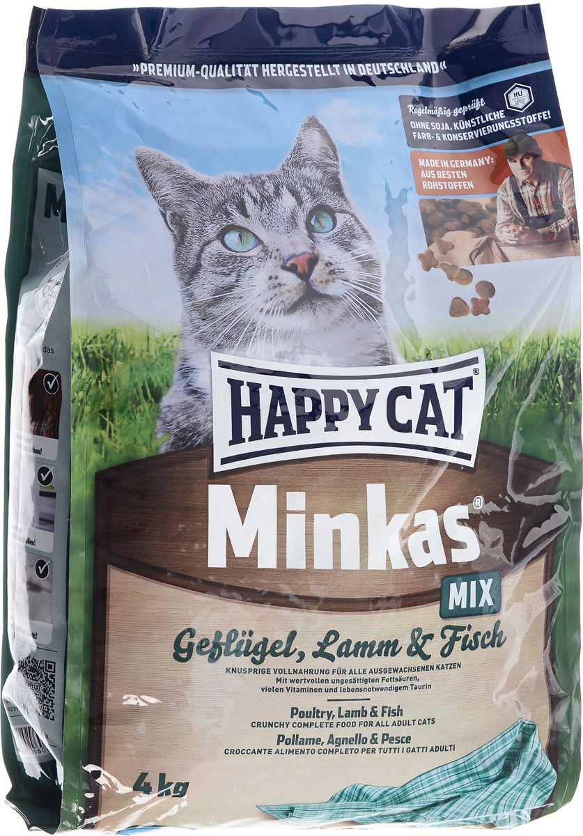 Корм сухой Happy Cat Minkas Mix для взрослых кошек, с птицей, ягненком и рыбой, 4 кг4605543006579 Корм сухой Happy Cat Minkas Mix для взрослых кошек, с птицей, ягненком и рыбой, 4 кг4605543006579Happy Cat Minkas Mix – это полноценный базовый корм для взрослых кошек. Благодаря ценным белкам из мяса птицы, ягненка и рыбы, отсутствию сои и высококачественным хрустящим злаковым составляющим этот продукт нравится кошкам и легко усваивается.Состав: птица (24,5%), пшеничная мука, пшеница, кукуруза, птичий жир (5%), рыба (2,5%), ягненок (2,5%), картофельный белок, свекловичный жом (без сахара), гемоглобин, масло из семян подсолнечника, яблочная пульпа. Аналитические составляющие: протеин - 30%, жир - 12%, клетчатка - 2,5%, зола - 6,5%. Добавки: витамин А - 15000 МЕ, Витамин D3 - 1250 МЕ, таурин - 1000 МЕ. Товар сертифицирован.