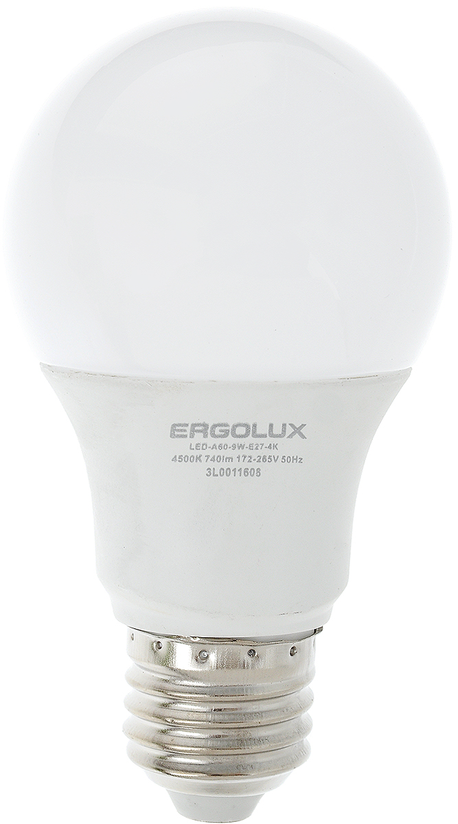 Лампа светодиодная Ergolux, цоколь E27, 9W, 4500КC0044702 Лампа светодиодная Ergolux, цоколь E27, 9W, 4500КC0044702Светодиодная лампа Ergolux - новое решение в светотехнике. Светодиодная лампа экономит много электроэнергии благодаря низкой потребляемой мощности. Она идеальна для основного и акцентного освещения интерьеров, витрин, декоративной подсветки. Кроме того, создает уютную атмосферу и позволяет экономить электроэнергию уже с первого дня использования.Не содержит ртути и не требует переработки. Срок службы в 2,5-3 раза дольше энергосберегающей лампы и в 30 раз дольше лампы накаливания. Высокая ударопрочность благодаря металло-пластиковому корпусу. Мгновенное включения. Без мерцания. Напряжение: 172-265 В. Угол светового пучка: 270°. Эффективность: 82 лм/Вт.Тип: А60. Индекс цветопередачи: 77+.Рабочая температура: -30 - +40°С.