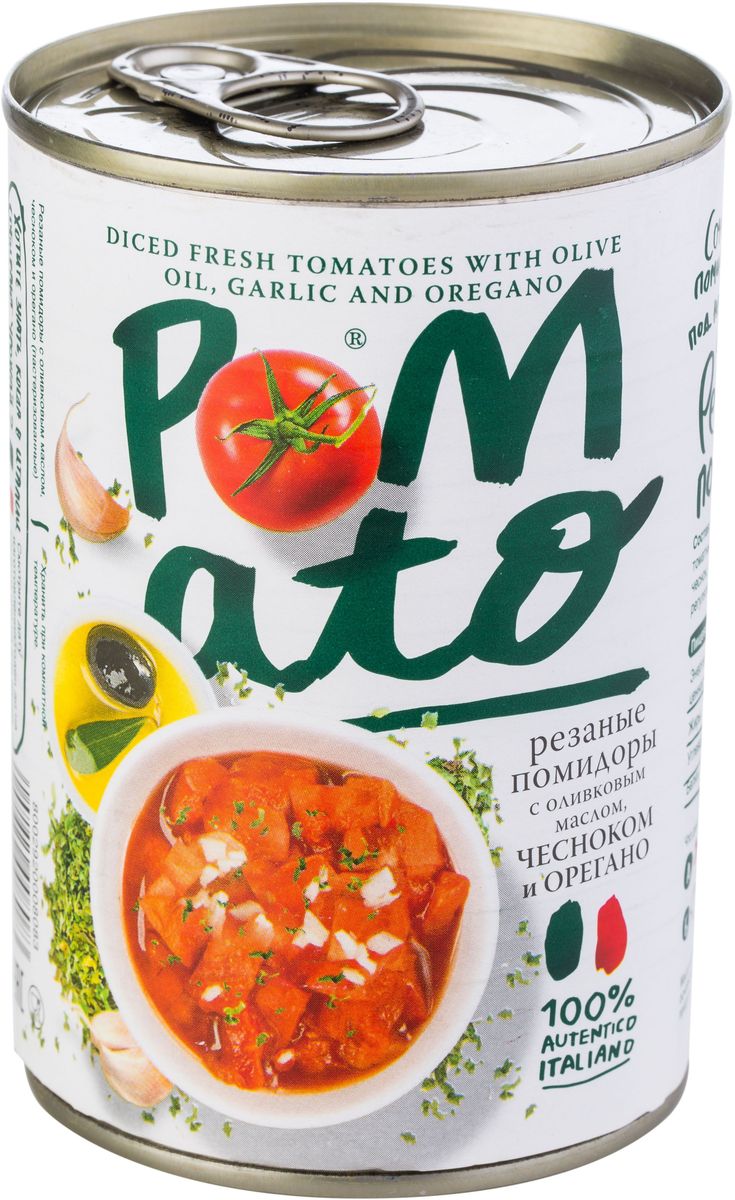 Pomato помидоры резаные с оливковым маслом чесноком и орегано, 400 г0120710 Pomato помидоры резаные с оливковым маслом чесноком и орегано, 400 г0120710Помидоры Pomato - сочные вкусные итальянские помидоры, выращенные под неаполитанским солнцем на вулканических почвах у подножия Везувия. Только отборные помидоры, бережно упакованные в течение нескольких часов после сбора.