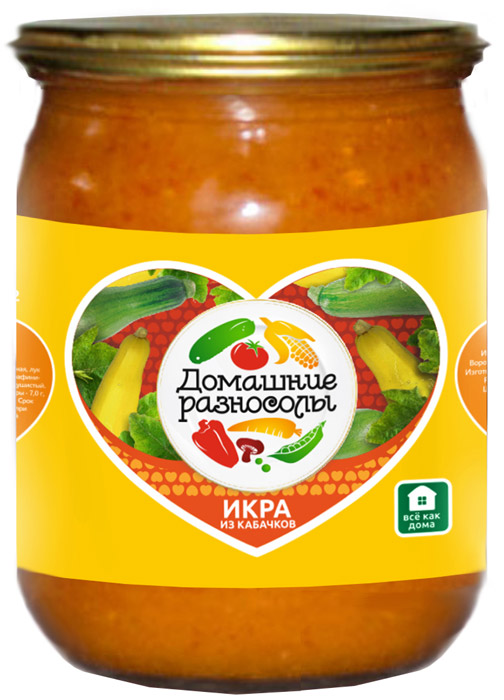 Домашние разносолы икра из кабачков, 500 г0120710 Домашние разносолы икра из кабачков, 500 г0120710Кабачковая икра может употребляться в пищу как в качестве блюда самостоятельного, так и в качестве гарнира к другим продуктам. Кроме того, консервированная кабачковая икра отличается практически такими же полезными свойствами, как и икра свежая. Витамины и другие полезные вещества прекрасно сохраняются в кабачках даже после их термической обработки и консервации.ГОСТ Р 51926-2002.