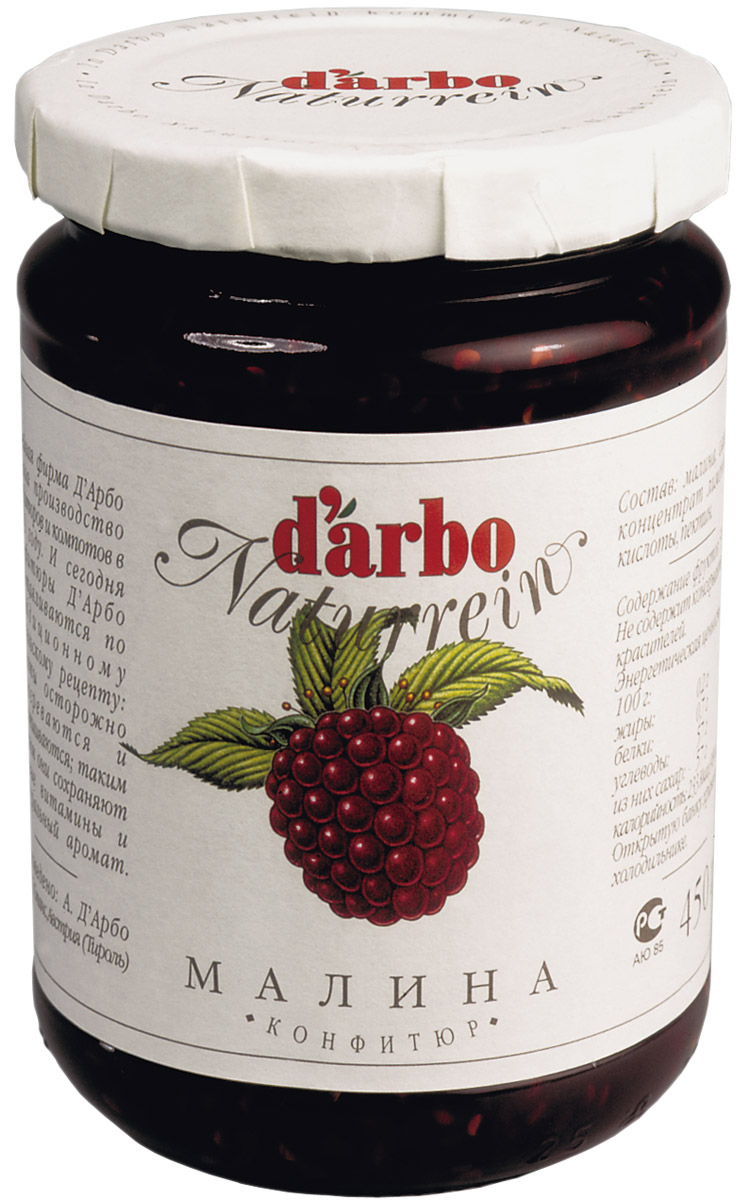 Darbo конфитюр малина, 450 г0120710 Darbo конфитюр малина, 450 г0120710Не содержит консервантов и красителей.В 1879 году Рудольф Дарбо основал предприятие, которое стало одним из самых успешных в Австрии - A. Darbo AG в Тироле.В 1997 году ему было присуждено звание лучшей Тирольской торговой марки.Конфитюры DArbo экспортируются более чем в 40 стран мира.По всему миру брэнд DArbo Naturrein гарантирует высокое качество конфитюров, меда и компотов.Для DArbo Naturrein используются только свежие фрукты и ягоды из самых лучших регионов мира.Компания покупает розовые абрикосы в Венгрии, киви в Новой Зеландии, черную вишню в Швейцарии, бузину в Сирии и клюкву в Швеции.Многолетний опыт и связи среди компаний, торгующих фруктами, позволяют DArbo стоять в первых рядах при покупке высококачественных фруктов.