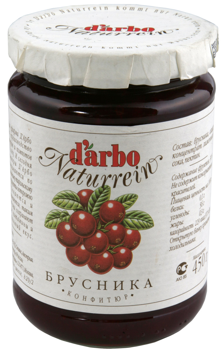 Darbo конфитюр брусника, 450 г0120710 Darbo конфитюр брусника, 450 г0120710Не содержит консервантов и красителей.В 1879 году Рудольф Дарбо основал предприятие, которое стало одним из самых успешных в Австрии - A. Darbo AG в Тироле.В 1997 году ему было присуждено звание лучшей Тирольской торговой марки.Конфитюры DArbo экспортируются более чем в 40 стран мира.По всему миру брэнд DArbo Naturrein гарантирует высокое качество конфитюров, меда и компотов.Для DArbo Naturrein используются только свежие фрукты и ягоды из самых лучших регионов мира.Компания покупает розовые абрикосы в Венгрии, киви в Новой Зеландии, черную вишню в Швейцарии, бузину в Сирии и клюкву в Швеции.Многолетний опыт и связи среди компаний, торгующих фруктами, позволяют DArbo стоять в первых рядах при покупке высококачественных фруктов.