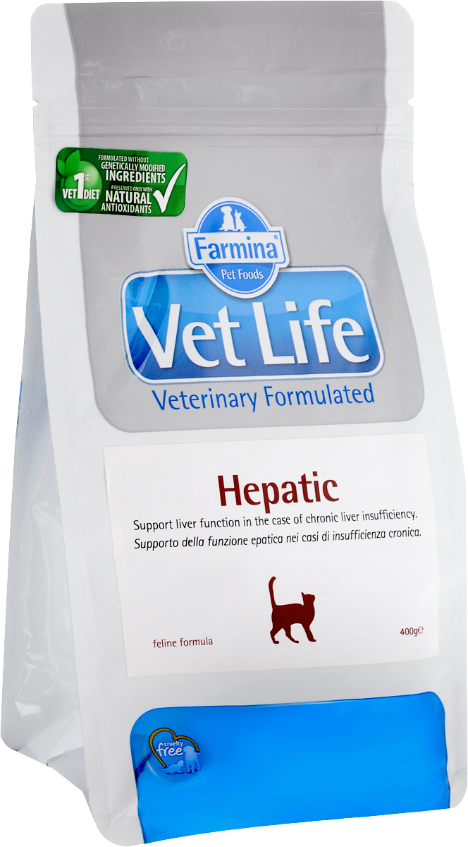 Корм сухой для кошек Farmina Vet Life, диетический, при хронической печеночной недостаточности, 400 г0120710 Корм сухой для кошек Farmina Vet Life, диетический, при хронической печеночной недостаточности, 400 г0120710Сухой корм Farmina Vet Life - диетическое питание для кошек с хронической печеночной недостаточностью. Диета содержит ограниченное количество белка высокого качества, высокий уровень полиненасыщенных жирных кислот и высокий уровень легко усваиваемых углеводов.Низкое потребление меди ограничивает токсическое воздействие на поврежденное гепатоциты. Повышенное содержание полиненасыщенных жирных кислот омега=3 обеспечивает противовоспалительное действие и улучшает симптоматику при острых гепатопатияхю Присутствие в диете крахмала и гидролизата белка компенсирует недостаточность пищеварения (белкового и углеводного обмена)в случает хронической печеночной недостаточности. Товар сертифицирован.