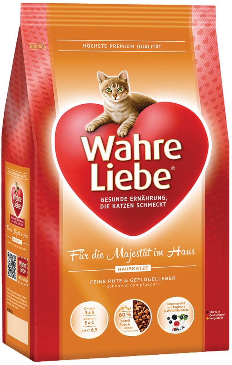 Корм сухой Wahre Liebe Hauskatze, для домашних кошек, 400 г0120710 Корм сухой Wahre Liebe Hauskatze, для домашних кошек, 400 г0120710Wahre Liebe – это корм, произведенный в Германии, он обладает превосходным вкусом и ароматом, которые не оставят равнодушной даже самую привередливую кошку.Ведущий ветеринарный врач завода Mera учел все потребности организма кошки, разработал идеальную формулу корма и назвал ее - Wahre Liebe, что в переводе с немецкого Истинная любовь.Wahre Liebe – не только подарит любовь и заботу питомцу, но и обеспечит его здоровьем и долголетием на всю жизнь.Корм Wahre Liebe это:- 68% свежего мяса,- устойчивая кишечная микрофлора и отличное пищеварение,- профилактика волосяных комочков,- поддержка иммунитета на клеточном уровне,- сбалансированное и полнорационное питание.Wahre Liebe – это истинная любовь для кошек с характером. Это истинно немецкое качество.Состав: мука из мяса птицы (18% курица, 4% индейка), кукуруза, кукурузный глютен, ячмень,животный жир (птицы, говядины), рис (4%), мука из шкварок, куриный белок (гидролизованный), свекловичная стружка (2% обессахаренная), целлюлозная клетчатка (2%), масло лосося (1,2%), печень домашней птицы (1%, высушенная), хлорид натрия, масло льняных семян (1%), подсолнечное масло (0,8%) , пивные дрожжи (сушеные), порошок цикория (инулин 0,3%), высушенное яйцо, порошок из йогурта (0,2%), порошок из лесных плодов (0,1%), дрожжевой экстракт (0,04%, богатые бета-глюканами), порошок из цветов бархатцев (0,03%, богат лютеином), порошок из Юкки Шидигера.Товар сертифицирован.