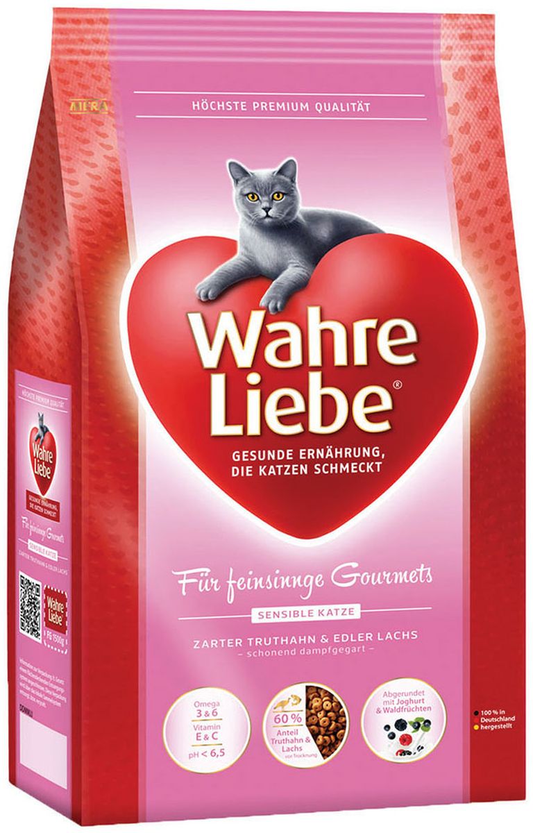 Корм сухой Wahre Liebe Sensible, для привередливых и склонных к аллергии кошек, 10 кг0120710 Корм сухой Wahre Liebe Sensible, для привередливых и склонных к аллергии кошек, 10 кг0120710Wahre Liebe - это корм, произведенный в Германии, он обладает превосходным вкусом и ароматом, которые не оставят равнодушной даже самую привередливую кошку. Ведущий ветеринарный врач завода Mera учел все потребности организма кошки, разработал идеальную формулу корма и назвал ее - Wahre Liebe, что в переводе с немецкого Истинная любовь.Wahre Liebe - не только подарит любовь и заботу питомцу, но и обеспечит его здоровьем и долголетием на всю жизнь.Корм Wahre Liebe это:- 68% свежего мяса,- устойчивая кишечная микрофлора и отличное пищеварение,- профилактика волосяных комочков,- поддержка иммунитета на клеточном уровне,- сбалансированное и полнорационное питание.Wahre Liebe - это истинная любовь для кошек с характером. Это истинно немецкое качество.Состав: рис (36 %), мука из мяса индейки (20 %), мука из мяса лосося (10%),животный жир, куриный белок (гидролизованный),кукурузный глютен, (птица, говядина), свекольная стружка (3,5 %,обессахаренная), целлюлозная клетчатка (2,5 %), масло льняных семян (2,0 %), масло лосося (1,4%), подсолнечное масло (0,9%), хлорид натрия, пивные дрожжи (сухие), высушенное яйцо, хлорид калия, порошок цикория ( 0,3%, богатый инулином),порошок из йогурта (0,2 %), порошок из лесных плодов (0,1 %), дрожжевой экстракт (0,04 %, богат бета-глюканами), порошок из цветов бархатцев (0,03%, богат лютеином), порошок из Юкки Шидигера.Товар сертифицирован.