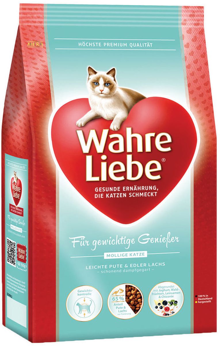 Корм сухой Wahre Liebe Mollige, для кошек с избыточным весом, стерилизованных и кастрированных, 1,5 кг0120710 Корм сухой Wahre Liebe Mollige, для кошек с избыточным весом, стерилизованных и кастрированных, 1,5 кг0120710Wahre Liebe - это корм, произведенный в Германии, он обладает превосходным вкусом и ароматом, которые не оставят равнодушной даже самую привередливую кошку. Ведущий ветеринарный врач завода Mera учел все потребности организма кошки, разработал идеальную формулу корма и назвал ее - Wahre Liebe, что в переводе с немецкого Истинная любовь.Wahre Liebe - не только подарит любовь и заботу питомцу, но и обеспечит его здоровьем и долголетием на всю жизнь.Корм Wahre Liebe это:- 68% свежего мяса,- устойчивая кишечная микрофлора и отличное пищеварение,- профилактика волосяных комочков,- поддержка иммунитета на клеточном уровне,- сбалансированное и полнорационное питание.Wahre Liebe - это истинная любовь для кошек с характером. Это истинно немецкое качество.Состав: мука из мяса птицы (28% курица, индейка 4%), кукуруза, кукурузный глютен, ячмень, целлюлозная клетчатка (5%), мука из мяса лосося (4%), рис (4%), свекловичная стружка(3%, обессахаренная), куриный белок (гидролизованный), животный жир (птица, говядина), масло льняных семян (2%), печень домашней птицы (1%, высушенная), хлорид натрия, масло лосося (0,6%), подсолнечное масло (0,4%), пивные дрожжи (сухие), высушенное яйцо, порошок цикория ( 0,3%, богатый инулином), порошок из йогурта (0,2%), хлорид калия, порошок из лесных плодов (0,1%),порошок из Юкки Шидигера.Товар сертифицирован.