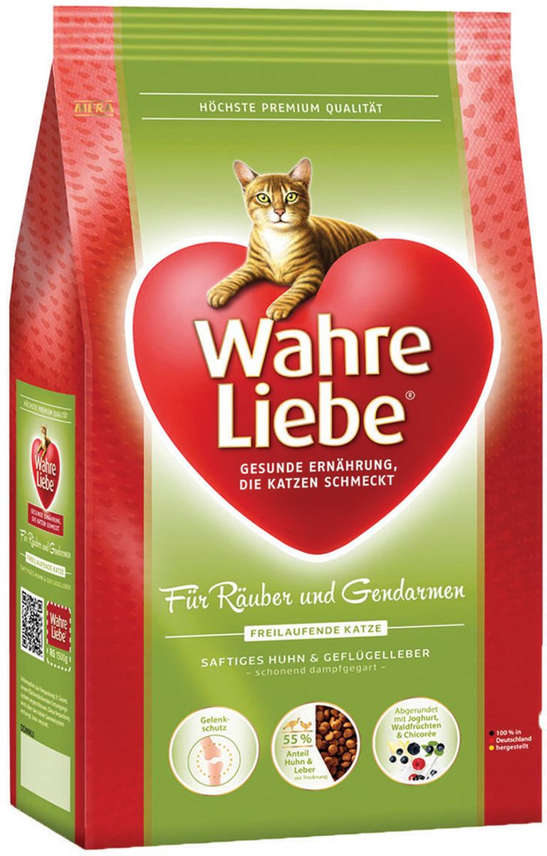 Корм сухой Wahre Liebe Freilaufende, для активных кошек, живущих на улице, 4 кг101246 Корм сухой Wahre Liebe Freilaufende, для активных кошек, живущих на улице, 4 кг101246Wahre Liebe - это корм, произведенный в Германии, он обладает превосходным вкусом и ароматом, которые не оставят равнодушной даже самую привередливую кошку. Ведущий ветеринарный врач завода Mera учел все потребности организма кошки, разработал идеальную формулу корма и назвал ее - Wahre Liebe, что в переводе с немецкого Истинная любовь.Wahre Liebe - не только подарит любовь и заботу питомцу, но и обеспечит его здоровьем и долголетием на всю жизнь.Корм Wahre Liebe это:- 68% свежего мяса,- устойчивая кишечная микрофлора и отличное пищеварение,- профилактика волосяных комочков,- поддержка иммунитета на клеточном уровне,- сбалансированное и полнорационное питание.Wahre Liebe - это истинная любовь для кошек с характером. Это истинно немецкое качество.Состав: мука из мяса птицы (22%, курица), кукуруза, рис (10%), животный жир (курица, говядина), ячмень, пшеничный глютен, кукурузный глютен, куриный белок (гидролизованный), масло лосося (2%), целлюлозная клетчатка (2%), свекловичная стружка (обессахаренная 2%), подсолнечное масло (1,3%), мука из шкварок, куриная печень (1%, высушенная), масло льняных семян (1%), хлорид натрия, пивные дрожжи (сухие), порошок цикория (богатый инулином (0,3%)), высушенное яйцо, хлорид калия, порошок из йогурта (0,2%),порошок из лесных плодов (0,1%), дрожжевой экстракт (0,04%, богат бета-глюканами),порошок из мяса моллюсков (глюкозамин (0,02%), хондроитин сульфат (0,01%)),порошок из цветов бархатцев (0,03%, богат лютеином), карбонат кальция, порошок из Юкки Шидигера.Товар сертифицирован.