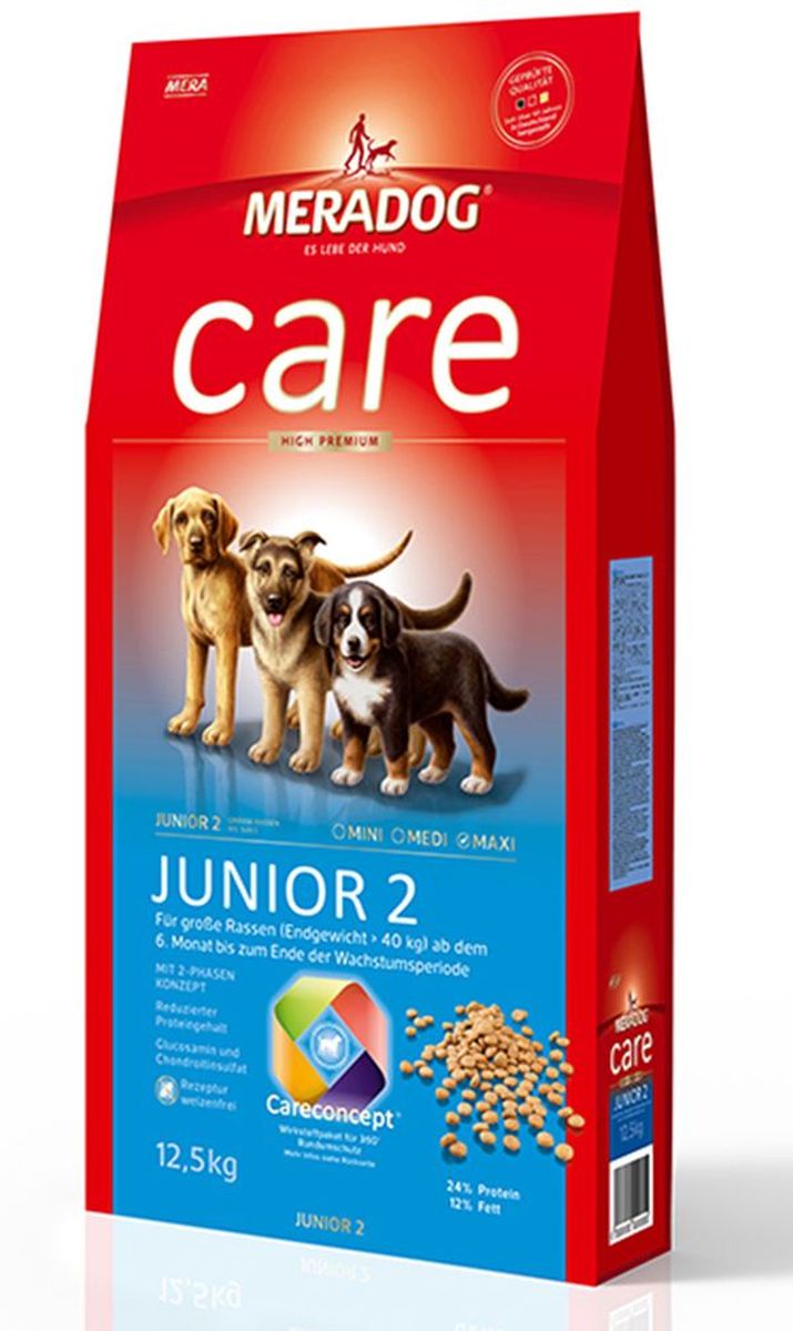 Корм сухой Meradog Junior 2 High Premium, для щенков с 6 месяцев, 300 г0120710 Корм сухой Meradog Junior 2 High Premium, для щенков с 6 месяцев, 300 г0120710Для щенков крупных пород с 6 месяцев и до конца периода роста.Пониженное содержание протеина по сравнению с кормом Junior 1.Высококачественный порошок из мяса моллюсков для хрящей и суставов.Пребиотический инулин и бета-глюканыМасло лосося.