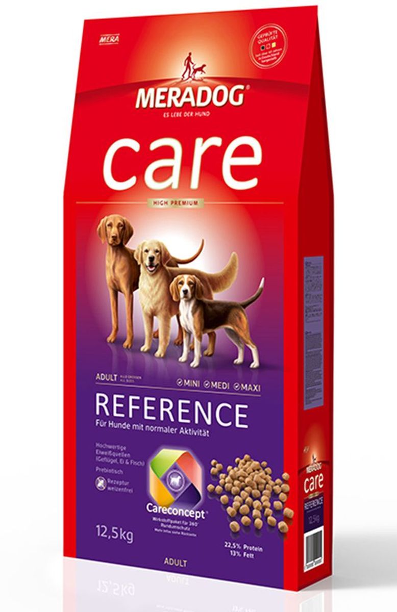 Корм сухой Meradog Reference, для взрослых собак с нормальной активностью, 4 кг0120710 Корм сухой Meradog Reference, для взрослых собак с нормальной активностью, 4 кг0120710Миллионы собак по всему миру благодарят своих хозяев за любовь, заботу и Meradog.Аппетитное мясное или рыбное филе с отборным рисом, кукурузой или картофелем, ароматные морепродукты, приготовленные особым способом в сочетании с натуральными овощами – в этот вкус невозможно не влюбиться.Ведущий ветеринарный врач завода Mer - доктор Стефан Мандель смог разработать идеальную формулу здоровья для вашего члена семьи – Meradog. Всем известно, что немецкие корма обладают не только безупречным качеством, но и идеальным вкусом. А все это благодаря:- высокому проценту мяса,- комплексу необходимых витаминов,- колоструму, обеспечивающего иммунную защиту,- оптимальному полнорационному составу.Сделайте счастливым вашего питомца, просто – подарите ему Meradog.Состав: кукуруза, птичий белок (курица - 21%, частично гидролизованный), мука из мяса птицы (курица, 17 %), ячмень, рис, животный жир, свекловичная стружка (обессахаренная), рыбная мука (2,5 %), масло льняных семян (2 %), яичный порошок (1%), дрожжевой экстракт (1 %, сухой), карбонат кальция, хлорид натрия, масло лосося (0,2%), подсолнечное масло (0,1%), карбонат кальция,порошок цикория ( 0,1% инулин), порошок из Юкки Шидигера (0,02%).Особенности: антиоксиданты (витамины C и E, бета-каротин и селен) для оптимальной защиты клеток. Натуральные жирные кислоты Омега-3- и Омега-6 (масло лосося, подсолнечное масло, масло льняных семян), а также хелат цинка для кожи и шерсти. Пребиотический инулин для стабильной кишечной флоры и надежного пищеварения. Источники высококачественного белка (птица, яйца, рыба) для поддержания оптимального телосложения и обмена веществ. Формула Запах, стоп! - комплекс биологически активных веществ для уменьшения неприятного запаха от собаки.Товар сертифицирован.