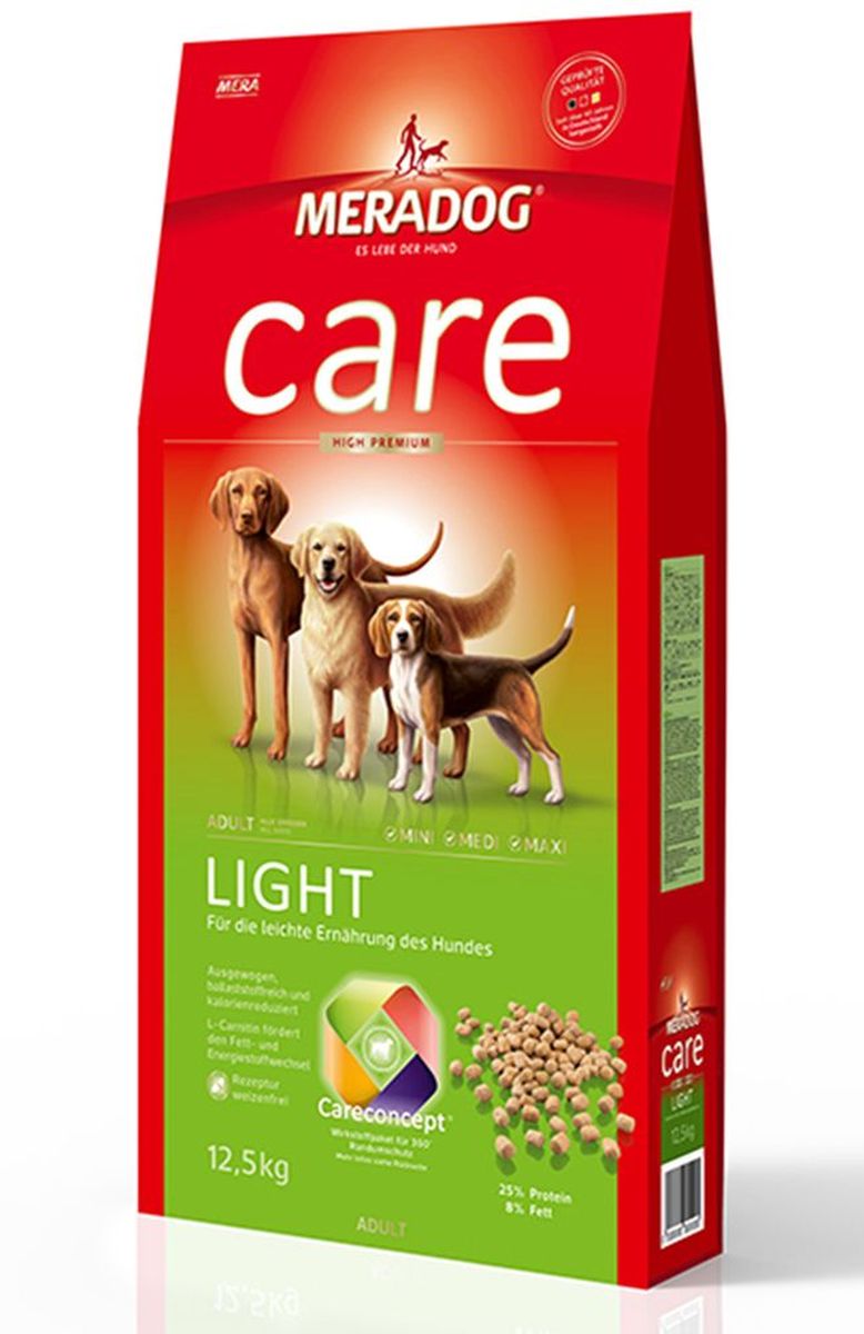 Корм сухой Meradog Light, для взрослых собак, склонных к лишнему весу, 12,5 кг0120710 Корм сухой Meradog Light, для взрослых собак, склонных к лишнему весу, 12,5 кг0120710Миллионы собак по всему миру благодарят своих хозяев за любовь, заботу и Meradog.Аппетитное мясное или рыбное филе с отборным рисом, кукурузой или картофелем, ароматные морепродукты, приготовленные особым способом в сочетании с натуральными овощами - в этот вкус невозможно не влюбиться.Ведущий ветеринарный врач завода Mera - доктор Стефан Мандель смог разработать идеальную формулу здоровья для вашего члена семьи - Meradog.Всем известно, что немецкие корма обладают не только безупречным качеством, но и идеальным вкусом. А все это благодаря:- высокому проценту мяса,- комплексу необходимых витаминов,- колоструму, обеспечивающего иммунную защиту,- оптимальному полнорационному составу.Сделайте счастливым вашего питомца, просто - подарите ему Meradog.Состав: кукуруза, мука из мяса птицы (курица - 20 %), ячмень, кукурузный глютен, целлюлозная клетчатка (4,5 %), рис, животный белок (гидролизованный), кукурузная глютеновая мука, свекловичная стружка обессахаренная), рыбная мука (1,5 %), животный жир, масло льняных семян (1 %), яичный порошок (1 %), дрожжевой экстракт (1 %, сухой), хлорид натрия, масло лосося (0,25 %), карбонат кальция, подсолнечное масло (0,1%), порошок цикория ( =0,1 % инулин), порошок из Юкки Шидигера (0,01 %). Особенности: антиоксиданты (витамин C, Е, бета-каротин и селен) для оптимальной защиты клеток. Натуральные жирные кислоты Омега-3 и Омега-6 (масло лосося, подсолнечное масло и масло льняных семян), а также хелат цинка для кожи и шерсти. Пребиотический инулин для стабильной кишечной флоры и надежного пищеварения. Формула Запах, стоп! - комплекс биологически активных веществ для уменьшения неприятного запаха от собаки. L-карнитин способствует жировому и энергетическому обмену. Богат клетчаткой для низкокалорийного питания. Источники высококачественного белка (птица, яйца, рыба) для поддержания оптимального телосложения и жизнеспособности.Товар сертифицирован.