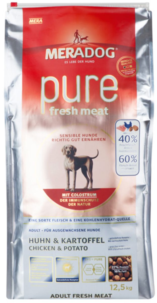 Корм сухой Meradog Pure Fresh Meat Huhn & Kartoffel, для собак, со свежей курицей и картофелем, 300 г0120710 Корм сухой Meradog Pure Fresh Meat Huhn & Kartoffel, для собак, со свежей курицей и картофелем, 300 г0120710Полнорационный беззерновой корм для собак и концепция защиты от MERADOG: антиоксиданты (витамин С, Е, бета-каротин и селен) для оптимальной защиты клеток. Натуральные жирные кислоты Омега-3 и Омега-6 (масло лосося, подсолнечное масло, масло льняных семян), а также хелат цинка для кожи и шерсти. Пребиотический инулин для стабильной кишечной флоры и надежного пищеварения. Идеальный корм при многих видах пищевых аллергий: только один источник углеводов и только один вид мяса. Молозиво, маннанолигосахариды и бета-глюканы для оптимальной иммунной защиты.