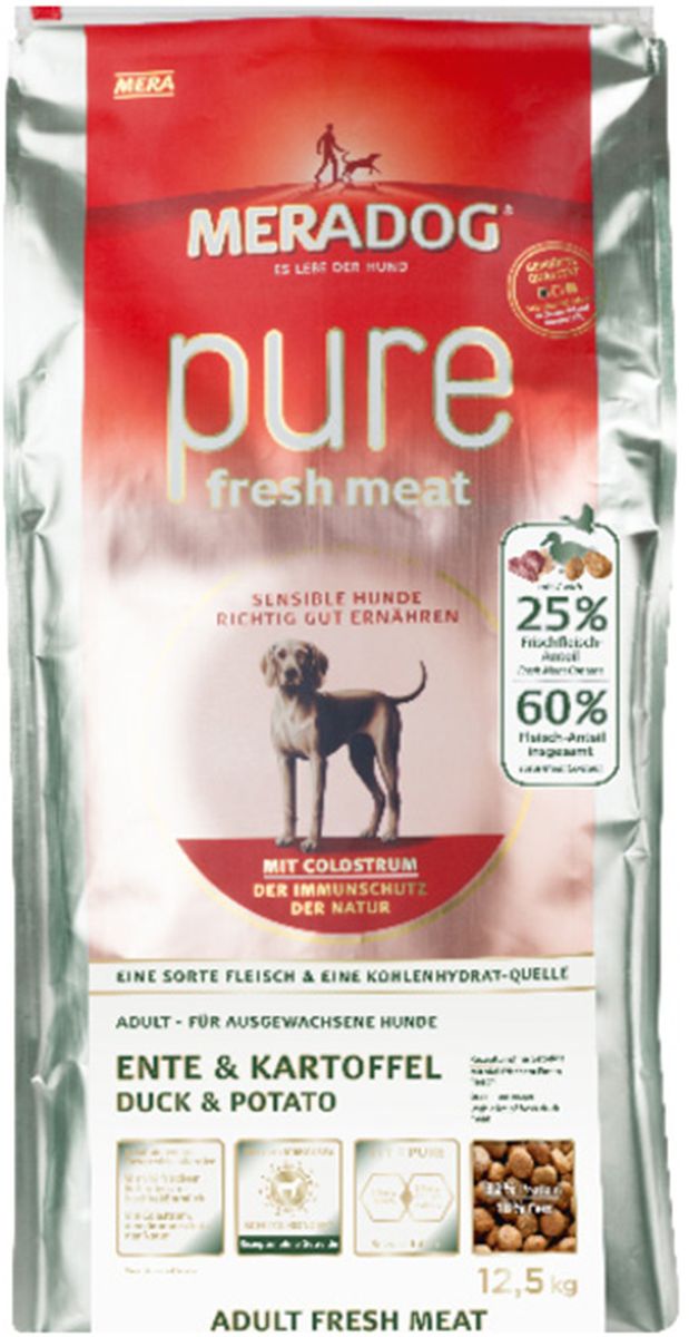 Корм сухой Meradog Рure Fresh Meat Ente & Kartoffel, для собак, со свежей уткой и картофелем, 4 кг0120710 Корм сухой Meradog Рure Fresh Meat Ente & Kartoffel, для собак, со свежей уткой и картофелем, 4 кг0120710Миллионы собак по всему миру благодарят своих хозяев за любовь, заботу и Meradog.Аппетитное мясное или рыбное филе с отборным рисом, кукурузой или картофелем, ароматные морепродукты, приготовленные особым способом в сочетании с натуральными овощами - в этот вкус невозможно не влюбиться.Ведущий ветеринарный врач завода Mera - доктор Стефан Мандель смог разработать идеальную формулу здоровья для вашего члена семьи - Meradog.Всем известно, что немецкие корма обладают не только безупречным качеством, но и идеальным вкусом. А все это благодаря:- высокому проценту мяса,- комплексу необходимых витаминов,- колоструму, обеспечивающего иммунную защиту,- оптимальному полнорационному составу.Сделайте счастливым вашего питомца, просто - подарите ему Meradog.Состав: белок утки (32 %, сушеный), свежее мясо утки (25 %), картофельные хлопья, картофельный крахмал, жир домашней птицы, белок птицы (3 %, гидро-лизованный), свекольный сухой жом, льняное семя (2 %), лигноцеллюлоза, пивные дрожжи (сушеные), коровье молозиво (0,5 %), масло лосося (0,1 %), подсолнечное масло (0,1 %), хлорид натрия, дрожжевой экстракт (высушенный 0,2%) бета-глюканы и маннан-олигосахариды, морские водоросли (сушеные), цикорий (инулин 0,1%). Особенности: 1) Содержит молозиво для иммунной защиты. Молозиво - это вещество, вырабатываемое молочными железами животного в первые 3 - 5 дней после родов. Оно является ценнейшим продуктом, так как содержит иммуноглобулины, минеральные вещества, витамины и факторы роста. Благодаря этому ингредиенту у щенка формируется сильный природный иммунитет.2) Беззерновой корм - исключает аллергические реакции у собаки на зерновые. 3) Корм холистик класса -при производстве корма используется только натуральные и высококачественные ингредиенты. Корма холистик класса отличаются высоким содержанием мяса в составе (до 70%).Товар сертифицирован.