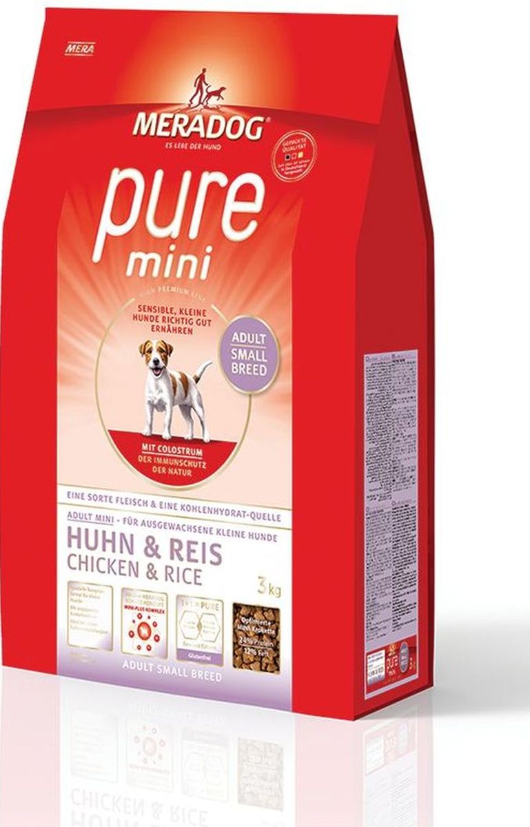 Корм сухой Meradog Pure Mini Chicken and Rice, для собак мелких пород с чувствительным пищеварением, склонных к аллергии, с курицей и рисом, 3 кг0120710 Корм сухой Meradog Pure Mini Chicken and Rice, для собак мелких пород с чувствительным пищеварением, склонных к аллергии, с курицей и рисом, 3 кг0120710Миллионы собак по всему миру благодарят своих хозяев за любовь, заботу и Meradog.Аппетитное мясное или рыбное филе с отборным рисом, кукурузой или картофелем, ароматные морепродукты, приготовленные особым способом в сочетании с натуральными овощами - в этот вкус невозможно не влюбиться.Ведущий ветеринарный врач завода Mera - доктор Стефан Мандель смог разработать идеальную формулу здоровья для вашего члена семьи - Meradog.Всем известно, что немецкие корма обладают не только безупречным качеством, но и идеальным вкусом. А все это благодаря:- высокому проценту мяса,- комплексу необходимых витаминов,- колоструму, обеспечивающего иммунную защиту,- оптимальному полнорационному составу.Сделайте счастливым вашего питомца, просто - подарите ему Meradog.Состав: рис, мука из мяса курицы (25%), животный жир, белок из мяса птицы (гидролизованный), свекловичная стружка, масло льняных семян (2%) (2%), лигноцеллюлоза, масло лосося (1%), пивные дрожжи (сухие), яичный порошок, подсолнечное масло (0,3%), натрия хлорид, коровье молозиво (без казеина, насыщенно иммуноглобулинами) (0,5%), карбонат кальция, дрожжевой экстракт (сухой=0,2%, бета-глюканы), калия хлорид, инулин из салатного цикория (0,1%), морские водоросли (сухие). Особенности: антиоксиданты (витамин С, Е, бета-каротин и селен) для оптимальной защиты клеток. Натуральные жирные кислоты Омега-3 и Омега-6 (масло лосося, подсолнечное масло, масло льняных семян), а также хелат цинка для кожи и шерсти. Пребиотический инулин для стабильной кишечной флоры и надежного пищеварения. Содержание белка, энергетическая ценность, широкий набор витаминов оптимально сбалансированы для собак мелких пород . Размер и форма гранул является оптимальной для данных пород. Идеальный корм при многих видах пищевых аллергий: только один источник углеводов и только один вид мяса. Молозиво, маннанолигосахариды и бета-глюканы для оптимальной иммунной защиты.Товар сертифицирован.
