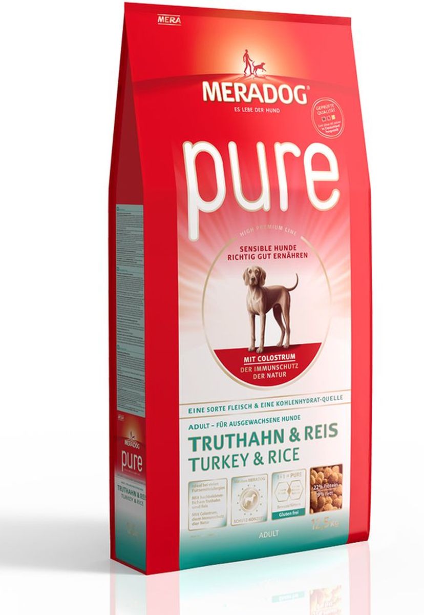 Корм сухой Meradog Pure Turkey & Rice, для взрослых собак с чувствительным пищеварением, склонных к аллергии, с индейкой и рисом, 4 кг0120710 Корм сухой Meradog Pure Turkey & Rice, для взрослых собак с чувствительным пищеварением, склонных к аллергии, с индейкой и рисом, 4 кг0120710Миллионы собак по всему миру благодарят своих хозяев за любовь, заботу и Meradog.Аппетитное мясное или рыбное филе с отборным рисом, кукурузой или картофелем, ароматные морепродукты, приготовленные особым способом в сочетании с натуральными овощами - в этот вкус невозможно не влюбиться. Ведущий ветеринарный врач завода Mera - доктор Стефан Мандель смог разработать идеальную формулу здоровья для вашего члена семьи - Meradog.Всем известно, что немецкие корма обладают не только безупречным качеством, но и идеальным вкусом. А все это благодаря:- высокому проценту мяса,- комплексу необходимых витаминов,- колоструму, обеспечивающего иммунную защиту,- оптимальному полнорационному составу.Сделайте счастливым вашего питомца, просто - подарите ему Meradog.Состав: рис (61 %), мука из мяса птицы (индейка, 20 %), свекловичная стружка (обессахаренная), животный белок (гидролизованный), подсолнечное масло (2,5%), масло льняных семян (2 %), целлюлозная клетчатка, яичный порошок, пивные дрожжи (сухие), масло лосося (0,8 %), молозиво коровы (= 0,5 %, сухое, насыщено иммуноглобулинами), хлорид натрия, карбонат кальция, дрожжевой экстракт (сухой =0,2% бета-глюканы и маннан-олигосахариды), порошок из салатного цикория (=0,1%, инулин), морские водоросли (сухие), монофосфат кальция. Особенности: антиоксиданты (витамин C, Е, бета-каротин и селен) для оптимальной защиты клеток. Натуральные жирные кислоты Омега-3 и Омега-6 (масло лосося, подсолнечное масло и масло льняных семян), а также хелат цинка для кожи и шерсти. Пребиотический инулин для стабильной кишечной флоры и надежного пищеварения. Высококачественный животный белок (индейка) для поддержания оптимального телосложения и обмена веществ. Идеально при многих видах пищевых аллергий. Только один источник углеводов и только один вид мяса. Колострум, маннан-олигосахариды и бета-глюканы для оптимальной иммунной защиты.Товар сертифицирован.