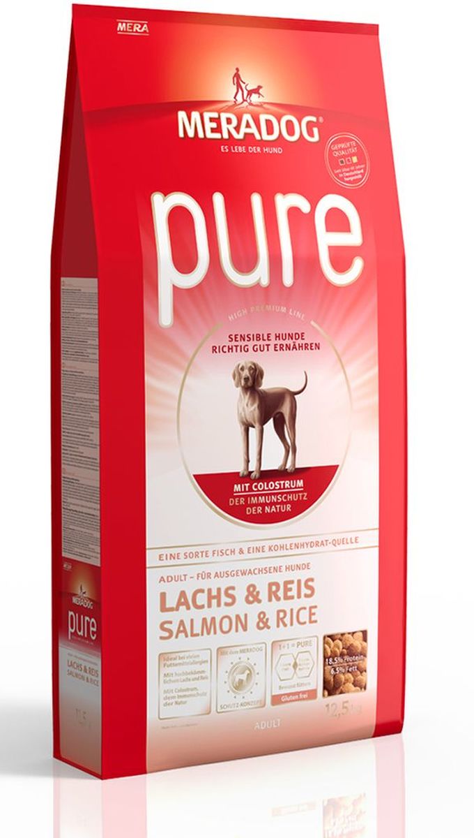 Корм сухой Meradog Pure Salmon & Rice, для взрослых собак с чувствительным пищеварением, склонных к аллергии, с лососем и рисом, 4 кг0120710 Корм сухой Meradog Pure Salmon & Rice, для взрослых собак с чувствительным пищеварением, склонных к аллергии, с лососем и рисом, 4 кг0120710Миллионы собак по всему миру благодарят своих хозяев за любовь, заботу и Meradog.Аппетитное мясное или рыбное филе с отборным рисом, кукурузой или картофелем, ароматные морепродукты, приготовленные особым способом в сочетании с натуральными овощами - в этот вкус невозможно не влюбиться.Ведущий ветеринарный врач завода Mera - доктор Стефан Мандель смог разработать идеальную формулу здоровья для вашего члена семьи - Meradog.Всем известно, что немецкие корма обладают не только безупречным качеством, но и идеальным вкусом. А все это благодаря:- высокому проценту мяса,- комплексу необходимых витаминов,- колоструму, обеспечивающего иммунную защиту,- оптимальному полнорационному составу.Сделайте счастливым вашего питомца, просто - подарите ему Meradog.Состав: рис (66 %), мука из мяса лосося (13 %), свекловичная стружка (обессахаренная), пивные дрожжи (сухие), животный белок (гидролизованный), масло льняных семян (2 %), масло лосося (1,3 %), карбонат кальция, монофосфат кальция, подсолнечное масло (0,9%), целлюлозная клетчатка, молозиво коровы (= 0,5 %, сухое, насыщено иммуноглобулинами), дрожжевой экстракт (сухой =0,2% бета-глюканы и маннан-олигосахариды), хлорид натрия, порошок из салатного цикория (=0,1%, инулин), морские водоросли (сухие). Особенности: антиоксиданты (витамин C, Е, бета-каротин и селен) для оптимальной защиты клеток. Натуральные жирные кислоты Омега-3 и Омега-6 (масло лосося, подсолнечное масло и масло льняных семян), а также хелат цинка для кожи и шерсти. Пребиотический инулин для стабильной кишечной флоры и надежного пищеварения. Высококачественный животный белок (лосось) для поддержания оптимального телосложения и обмена веществ. Идеально при многих видах пищевых аллергий. Только один источник углеводов и только один вид мяса. Колострум, маннан-олигосахариды и бета-глюканы для оптимальной иммунной защиты.Товар сертифицирован.