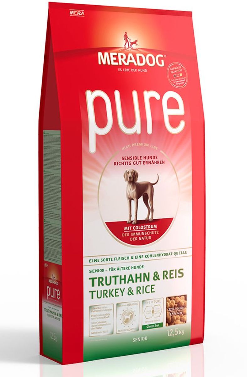 Корм сухой Meradog Pure Turkey & Rice Senior, для пожилых собак с чувствительным пищеварением, склонных к аллергии, с индейкой и рисом, 12 кг0120710 Корм сухой Meradog Pure Turkey & Rice Senior, для пожилых собак с чувствительным пищеварением, склонных к аллергии, с индейкой и рисом, 12 кг0120710Миллионы собак по всему миру благодарят своих хозяев за любовь, заботу и Meradog.Аппетитное мясное или рыбное филе с отборным рисом, кукурузой или картофелем, ароматные морепродукты, приготовленные особым способом в сочетании с натуральными овощами - в этот вкус невозможно не влюбиться.Ведущий ветеринарный врач завода Mera - доктор Стефан Мандель смог разработать идеальную формулу здоровья для вашего члена семьи - Meradog.Всем известно, что немецкие корма обладают не только безупречным качеством, но и идеальным вкусом. А все это благодаря:- высокому проценту мяса,- комплексу необходимых витаминов,- колоструму, обеспечивающего иммунную защиту,- оптимальному полнорационному составу.Сделайте счастливым вашего питомца, просто - подарите ему Meradog.Состав: рис (62 %), мука из мяса птицы (20 %, индейка), животный белок (гидролизованный),животный жир, свекловичная стружка (обессахаренная), масло льняных семян (2 %), целлюлозная клетчатка (1,5 %), пивные дрожжи (сухие), яичный порошок, масло лосося (0,6 %), молозиво коровы (= 0,5 %, сухое, насыщено иммуноглобулинами), подсолнечное масло (0,4%), карбонат кальция, дрожжевой экстракт (сухой =0,2 % бета-глюканы и маннан-олигосахариды), порошок из салатного цикория (=0,1 %, инулин), морские водоросли (сухие), порошок из мяса моллюсков (0,03 %), мука из цветов бархатца (0, 001 % лютеин), зеленый час (экстрагируемый, сухой, 0, 001 %). Особенности: антиоксиданты (витамин C, Е, бета-каротин и селен) для оптимальной защиты клеток. Натуральные жирные кислоты Омега-3 и Омега-6 (масло лосося, подсолнечное масло и масло льняных семян), а также хелат цинка для кожи и шерсти. Пребиотический инулин для стабильной кишечной флоры и надежного пищеварения. Высококачественный животный белок (индейка) для поддержания оптимального телосложения и обмена веществ. Идеально при многих видах пищевых аллергий. Только один источник углеводов и только один вид мяса. Колострум, маннан-олигосахариды и бета-глюканы для оптимальной иммунной защиты.Товар сертифицирован.