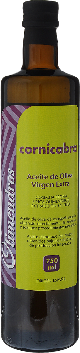 Olimendros Оливковое масло Extra Virgin Корникабра, 750 мл0120710 Olimendros Оливковое масло Extra Virgin Корникабра, 750 мл0120710Оливковое масло Olimendros Extra Virgin. Корникабра - нефильтрованное оливковое масло первого холодного отжима кислотностью 0,13%, которая является лечебной по испанским законам. Масло обладает ярким ароматом свежескошенной травы, зеленого томата и яблока. Фермерский продукт из региона Мурсия (Испания). Плантации расположены на высоте 600 метров над уровнем моря. От сбора урожая до производства масла проходит всего несколько часов: маслодельня находится в центре усадьбы, площадь которой 500 Га. Масло производится под контролем качества региона Мурсия.