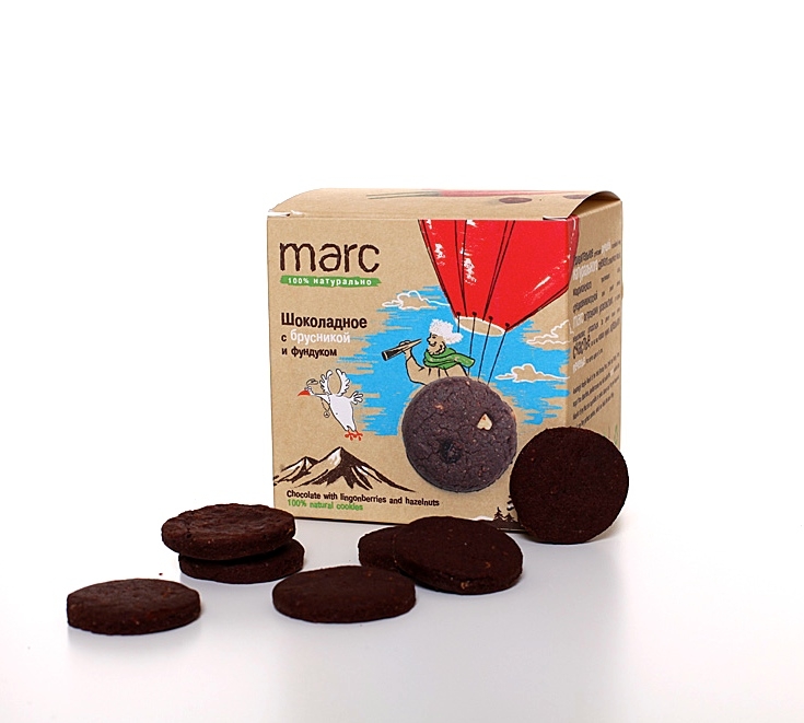 Marc 100% натурально шоколадное печенье с брусникой и фундуком, 150 г0120710 Marc 100% натурально шоколадное печенье с брусникой и фундуком, 150 г0120710Шоколада, фундука и брусники не бывает много. Вкусное и натуральное шоколадное печенье Marc&Фиса с брусникой и фундуком - это польза, приносящая улыбку.