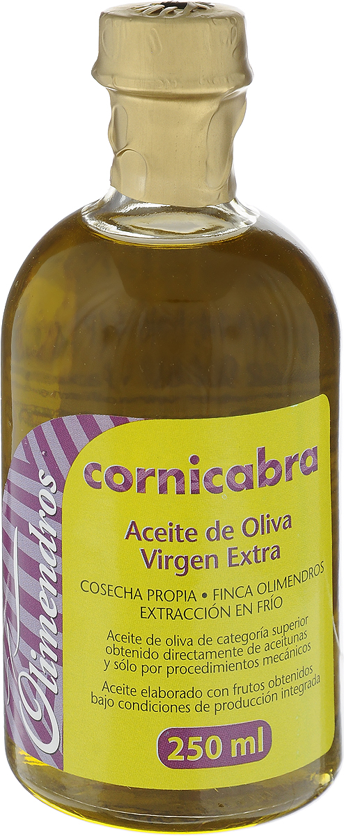 Olimendros Оливковое масло Extra Virgin Корникабра, 250 мл0120710 Olimendros Оливковое масло Extra Virgin Корникабра, 250 мл0120710Оливковое масло Olimendros Extra Virgin. Корникабра - нефильтрованное оливковое масло первого холодного отжима кислотностью 0,13%, которая является лечебной по испанским законам. Масло обладает ярким ароматом свежескошенной травы, зеленого томата и яблока. Фермерский продукт из региона Мурсия (Испания). Плантации расположены на высоте 600 метров над уровнем моря. От сбора урожая до производства масла проходит всего несколько часов: маслодельня находится в центре усадьбы, площадь которой 500 Га. Масло производится под контролем качества региона Мурсия.