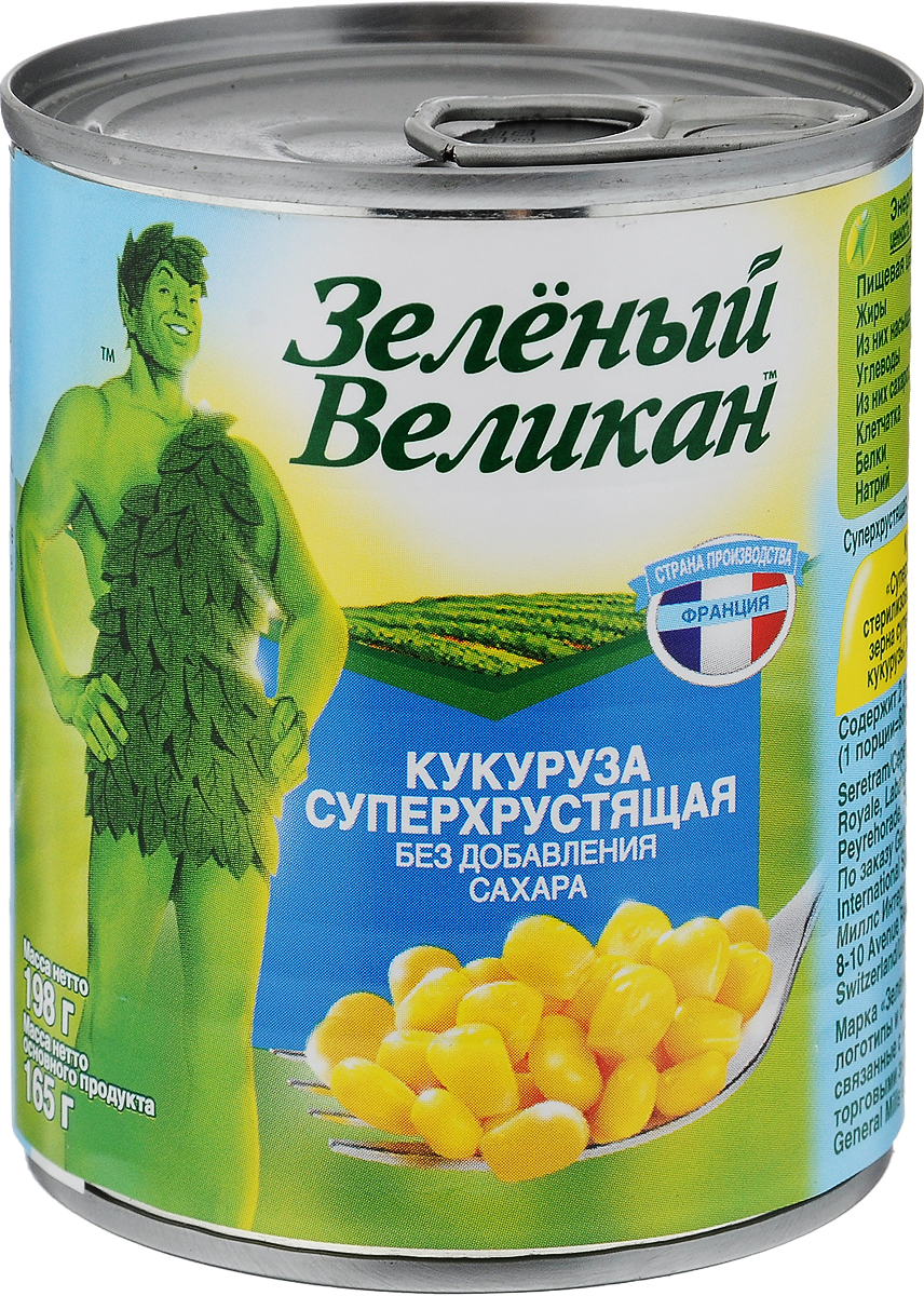 Зеленый великан кукуруза суперхрустящая, 198 г0120710 Зеленый великан кукуруза суперхрустящая, 198 г0120710Специальные сорта кукурузы с пониженным содержанием сахара дают удивительно хрустящие зерна даже после консервации.Сочные золотистые зерна отличаются насыщенным вкусом и отличной упругостью.Используйте как самостоятельное лакомство или для приготовления салатов и закусок.