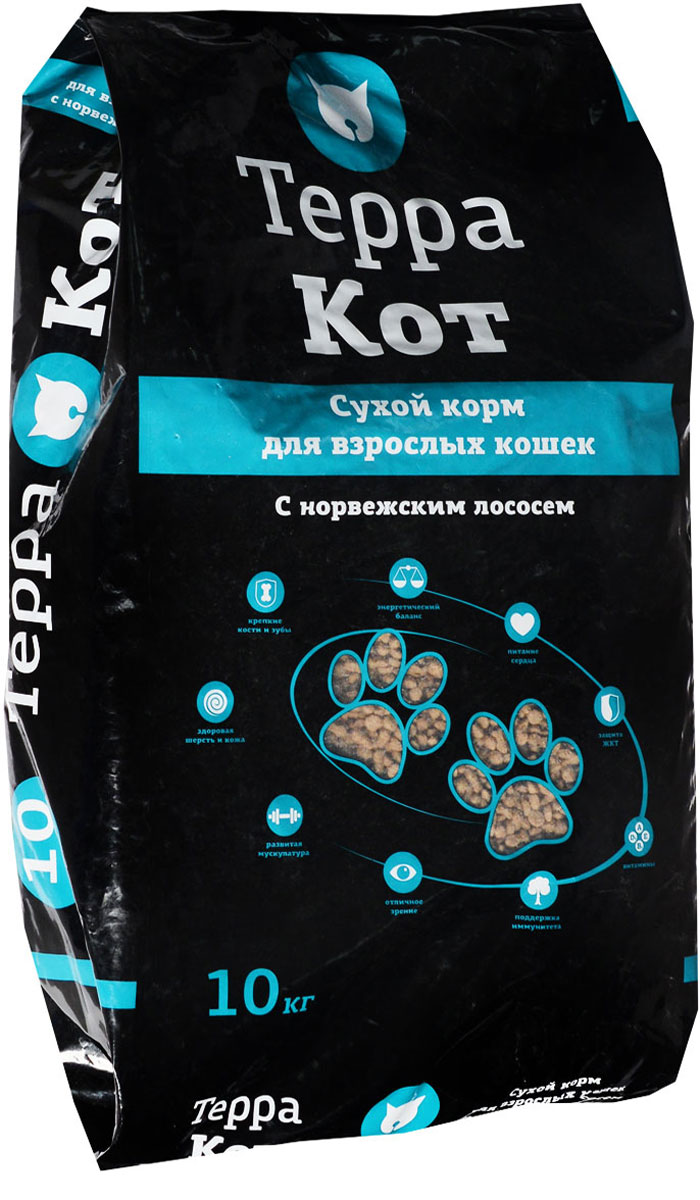 Корм сухой Терра Кот, для взрослых кошек, с норвежским лососем, 10 кг0120710 Корм сухой Терра Кот, для взрослых кошек, с норвежским лососем, 10 кг0120710Сухой корм Терра Кот - это полноценное сбалансированное питание для взрослых кошек, разработанное с использованием современных технологий. В состав корма входят все необходимые питательные вещества, включая витамины. Корм легко усваивается и имеет прекрасный вкус. Основные питательные вещества гарантируют сильные кости, превосходные мускулы, здоровую кожу и шерсть.Порадуйте своего любимца вкусным и полезным продуктом. Товар сертифицирован.