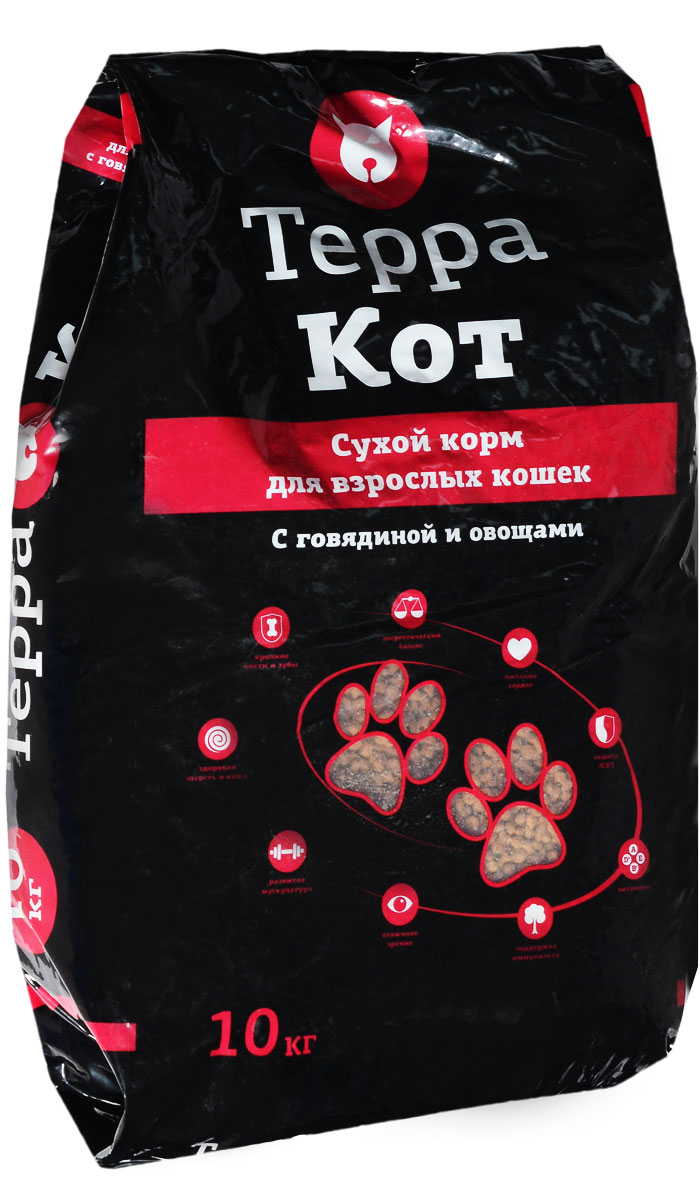 Корм сухой Терра Кот, для взрослых кошек, с говядиной и овощами, 10 кг101246 Корм сухой Терра Кот, для взрослых кошек, с говядиной и овощами, 10 кг101246Сухой корм Терра Кот - это полноценное сбалансированное питание для взрослых кошек, разработанное с использованием современных технологий. В состав корма входят все необходимые питательные вещества, включая витамины. Корм легко усваивается и имеет прекрасный вкус. Основные питательные вещества гарантируют сильные кости, превосходные мускулы, здоровую кожу и шерсть.Порадуйте своего любимца вкусным и полезным продуктом. Товар сертифицирован.