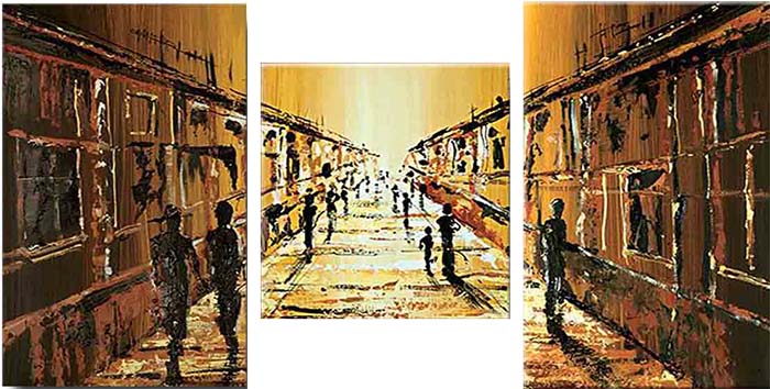 Картина Арт78 Улица, модульная, 130 см х 80 см. арт780025-2арт780012-3 Картина Арт78 Улица, модульная, 130 см х 80 см. арт780025-2арт780012-3Ничто так не облагораживает интерьер, как хорошая картина. Особенную атмосферу создаст крупное художественное полотно, размеры которого более метра. Подобные произведения искусства, выполненные в традиционной технике (холст, масляные краски), чрезвычайно капризны: требуют сложного ухода, регулярной реставрации, особого микроклимата – поэтому они просто не могут существовать в условиях обычной городской квартиры или загородного коттеджа, и требуют больших затрат. Данное полотно идеально приспособлено для создания изысканной обстановки именно у Вас. Это полотно создано с использованием как традиционных натуральных материалов (холст, подрамник - сосна), так и материалов нового поколения – краски, фактурный гель (придающий картине внешний вид масляной живописи, и защищающий ее от внешнего воздействия). Благодаря такой композиции, картина выглядит абсолютно естественно, и отличить ее от традиционной техники может только специалист. Но при этом изображение отлично смотрится с любого расстояния, под любым углом и при любом освещении. Картина не выцветает, хорошо переносит даже повышенный уровень влажности. При необходимости ее можно протереть сухой салфеткой из мягкой ткани.