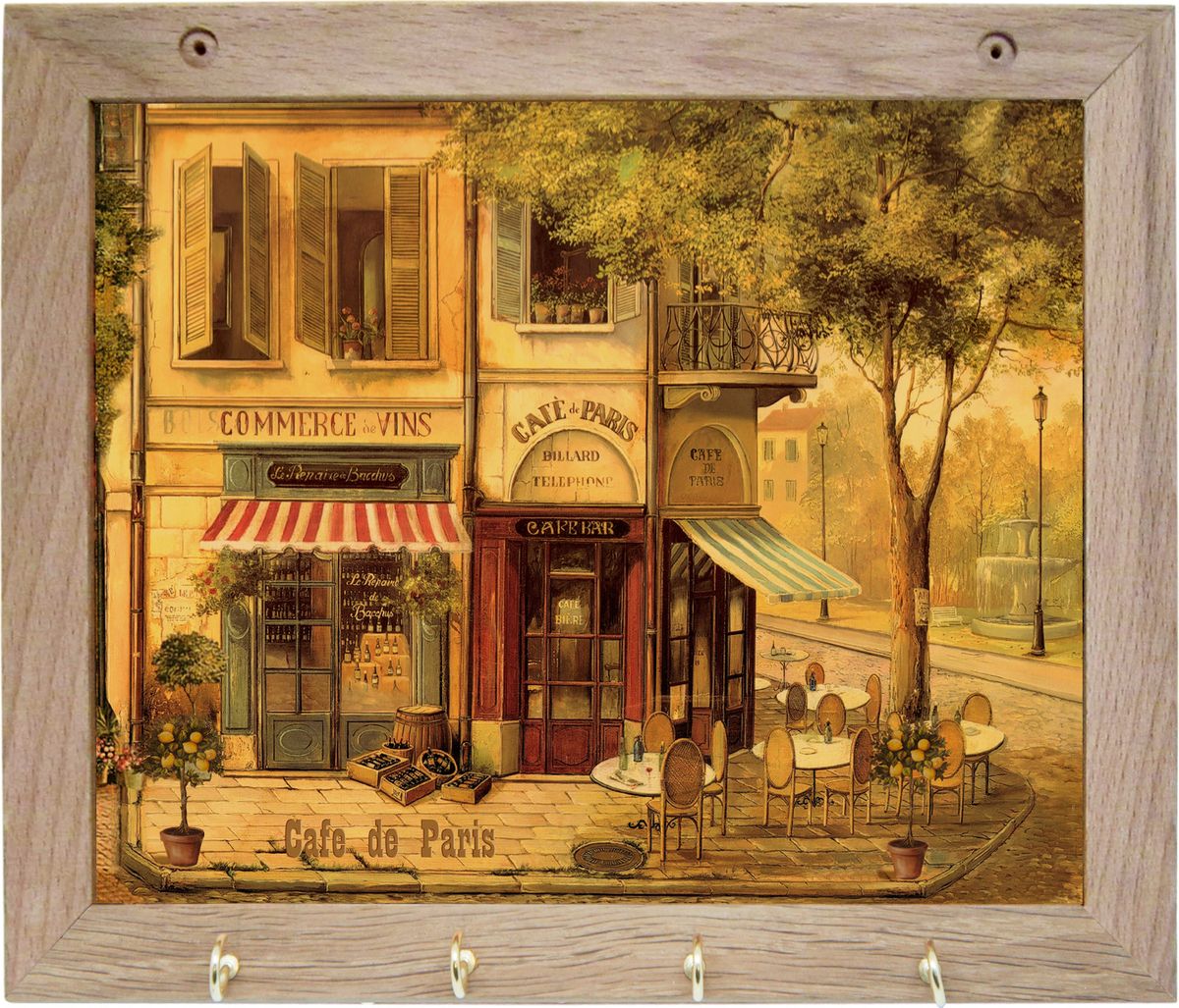 Вешалка GiftnHome Парижское кафе, с 4 крючками, 20 х 25 смRG-D31S Вешалка GiftnHome Парижское кафе, с 4 крючками, 20 х 25 смRG-D31SВешалка GiftnHome Парижское кафе в стиле Art-Casual изготовлена из натурального дерева в комбинации с модными цветными принтами на корпусе от Креативной студии AntonioK. Вешалка снабжена 4 металлическими крючками для подвешивания аксессуаров, полотенец, прихваток и другого текстиля. Это изделие больше, чем просто вешалка, оно несет интерьерное решение, задает настроение и стиль на вашей кухне, столовой или дачной веранде. Art-Casual значит буквально повседневное искусство. Это новый стиль предложения обычных домашних аксессуаров в качестве элементов, задающих стиль и шарм окружающего пространства. Уникальное сочетание привычной функциональности и декоративной, интерьерной функции - это актуальная, современная тенденция от прогрессивных производителей товаров для дома.