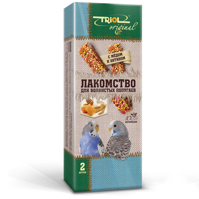 Лакомство для попугаев Triol Original, с медом и хитином, 2 шт0120710 Лакомство для попугаев Triol Original, с медом и хитином, 2 шт0120710Корма и лакомства Triol Original содержат только натуральные ингредиенты и изготовлены из отборного зерна. Оригинальная рецептура учитывает пещевые потребности вашего пернатого питомца. Сбалансированный и разнообразный состав не только удовлетворяет вкусовым предпочтениям, но и укрепляет здоровье. Лакомство для волнистых попугаев с мёдом и хитином: в картонной коробке две палочки лакомства (запаяны в полиэтиленовый пакет для сохранения свежести продукта). Лакомство - дополнительное питание и развлечение для Вашего птички, позволяющее также поточить клюв, что необходимо декоративным птицам, живущим в неволе. Вес 2 палочек - 88 г.
