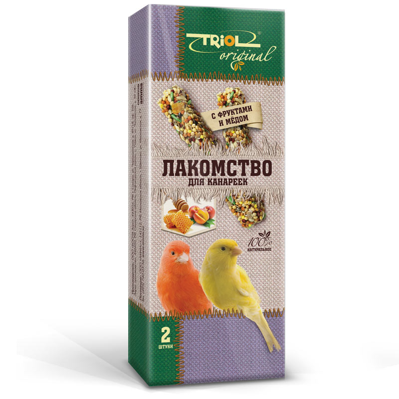 Лакомство для канареек Triol Original, с фруктами и медом, 2 шт0120710 Лакомство для канареек Triol Original, с фруктами и медом, 2 шт0120710Корма и лакомства Triol Original содержат только натуральные ингредиенты и изготовлены из отборного зерна. Оригинальная рецептура учитывает пещевые потребности вашего пернатого питомца. Сбалансированный и разнообразный состав не только удовлетворяет вкусовым предпочтениям, но и укрепляет здоровье. Лакомство для канареек с фруктами и мёдом: в картонной коробке две палочки лакомства (запаяны в полиэтиленовый пакет для сохранения свежести продукта). Лакомство - дополнительное питание и развлечение для Вашего птички, позволяющее также поточить клюв, что необходимо декоративным птицам, живущим в неволе. Вес 2 палочек - 88 г.