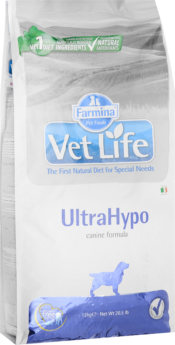 Корм сухой диетический Farmina Vet Life для собак, для снижения пищевой непереносимости питательных веществ, в случаях пищевой аллергии и атопий, 12 кг101246 Корм сухой диетический Farmina Vet Life для собак, для снижения пищевой непереносимости питательных веществ, в случаях пищевой аллергии и атопий, 12 кг101246Корм сухой Farmina Vet Life -это диетическое питание для собак, для снижения пищевой непереносимости питательных веществ, в случаях пищевой аллергии и атопий. Используется в качестве диагностического инструмента (исключающая диета). Диета также показана при атопических дерматитах и воспалительных состояниях кишечника.Корм содержит гидролизованные белки с низким молекулярным весом, благодаря этому риск аллергических реакций сводится к минимуму. Для снижения аллергености в корме содержится рисовый крахмал в качестве единственного источника углеводов. Как источник жира в диете используется рыбий жир, содержащий оптимальное соотношение Омега-3 и Омега-6, которые обладают противовоспалительными свойствами.Рекомендации по кормлению: использовать по назначению ветеринарного врача.Товар сертифицир