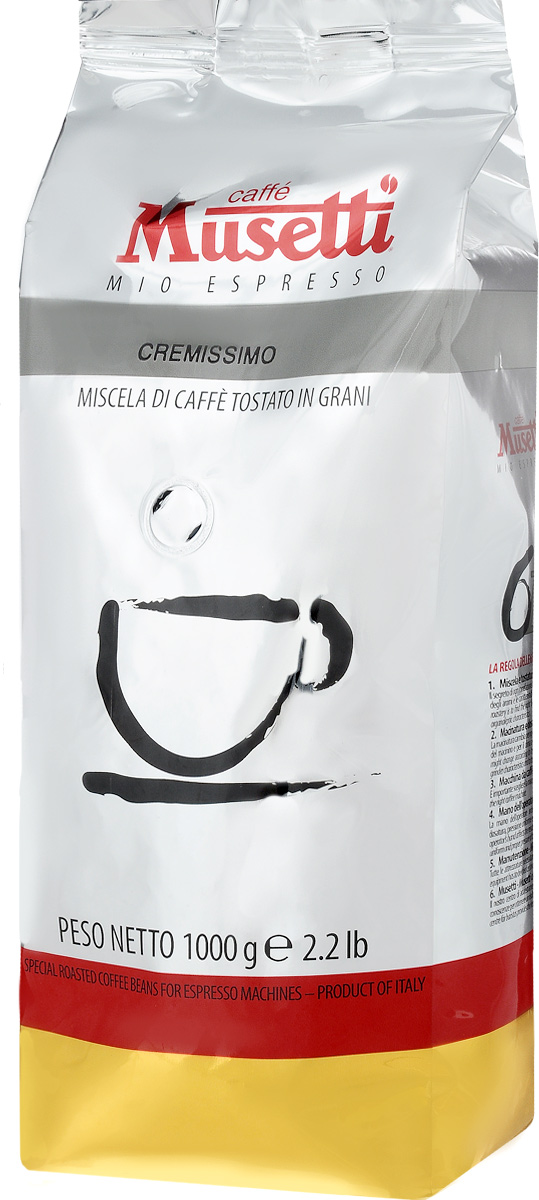 Musetti Cremissimo кофе в зернах, 1 кг8004769208518 Musetti Cremissimo кофе в зернах, 1 кг8004769208518Кофе в зернах Musetti Cremissimo - натуральный жареный кофе.Исключительные вкусовые и ароматические свойства арабики, обогащенные плотностью и кремообразностью африканской робусты, делают эту смесь идеальной для приготовления изысканного итальянского эспрессо, плотного, с шоколадным послевкусием.