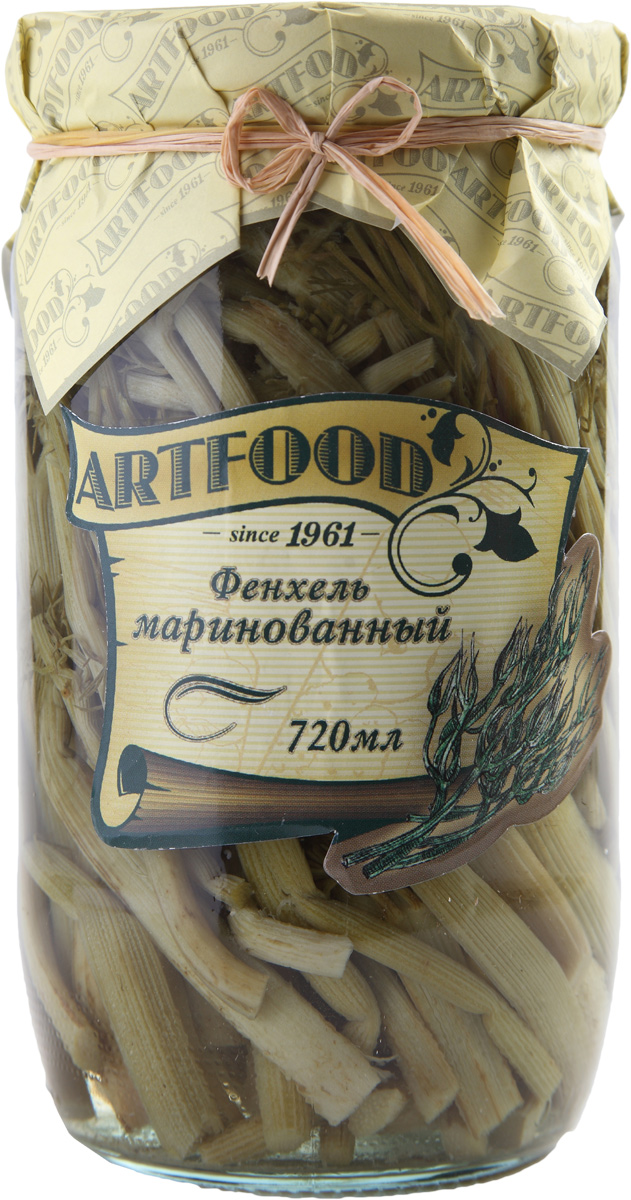 Artfood фенхель маринованный, 720 мл0120710 Artfood фенхель маринованный, 720 мл0120710Фенхель - это овощ, в котором полностью отсутствуют жиры и крахмал, поэтому в нем минимальное количество калорий. В фенхеле содержится много воды, поэтому его употребляют как мочегонное средство, а также как средство для повышения аппетита.Маринованный фенхель - отличная закуска к мясу. Его можно добавлять в салаты и супы для пикантности и аромата.