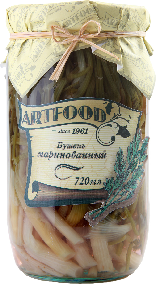 Artfood бутень маринованный, 720 мл0120710 Artfood бутень маринованный, 720 мл0120710Компания Артфуд была основана в 1995 г на базе Арташатского Консервного Завода и на сегодняшний день является одной из крупнейших компаний в Армении и имеет доминирующие позиции в сфере консервированной продукции. Не содержит консервантов, искусственных ароматизаторов и красителей.